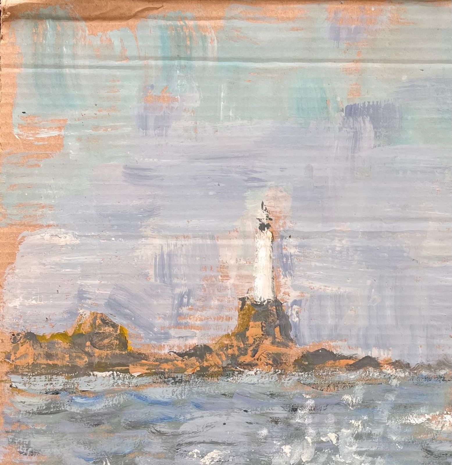 Fanch Lelimpressionist Seascape With Crashing Waves And Distant Lighthouse On Rocky Coast photo for sale