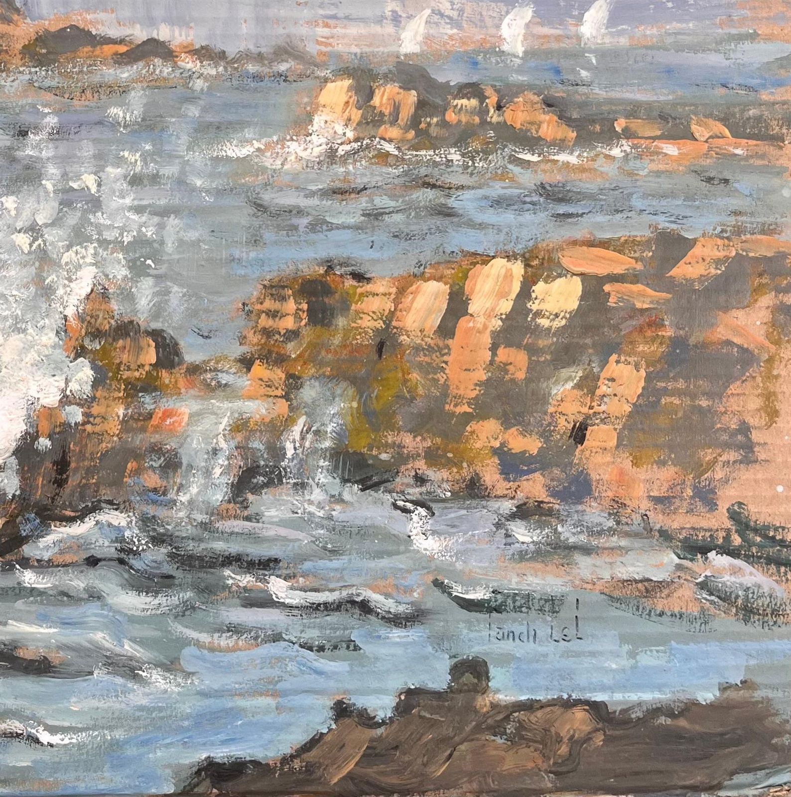 Fanch Lelimpressionist Seascape With Crashing Waves And Distant Lighthouse On Rocky Coast photo vinterior