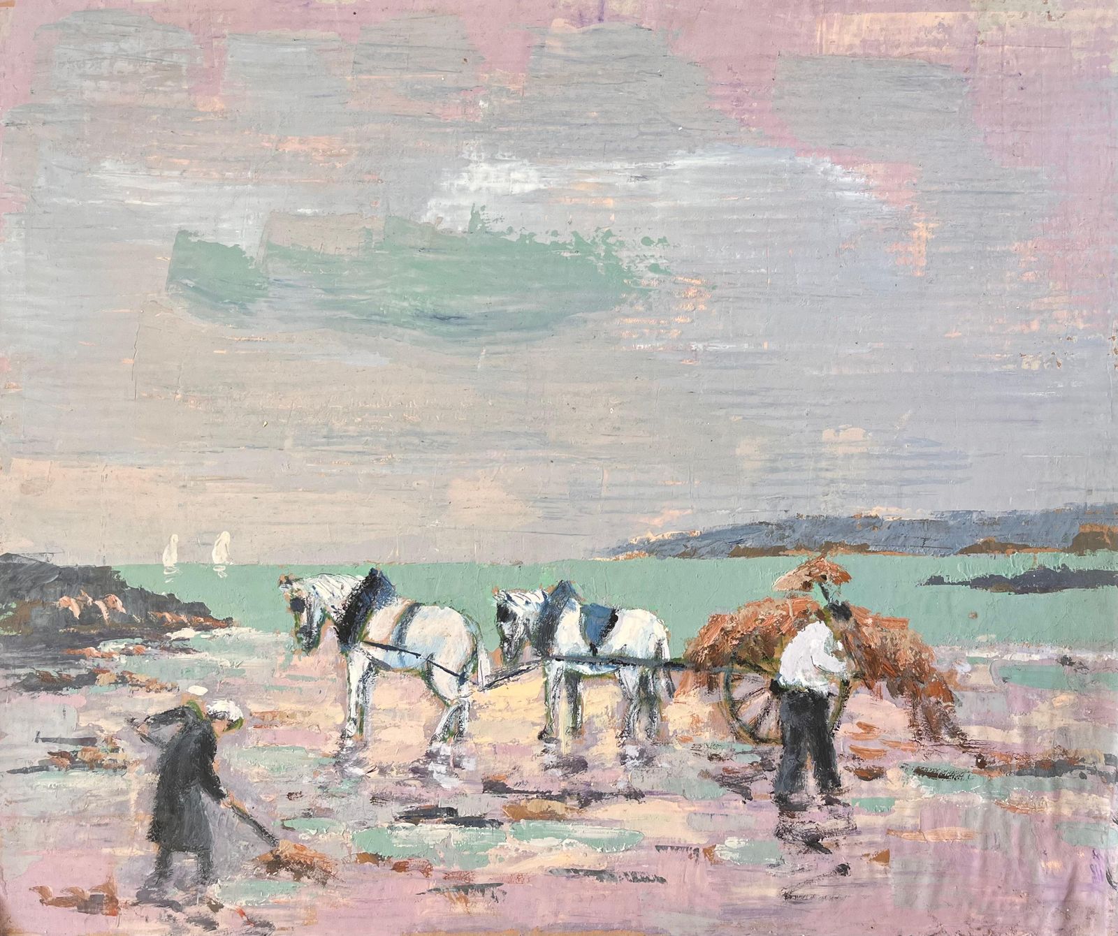 Fanch Lelimpressionist Coastal Scene With Horse Cart Seaweed Gatherers And Pastel Sky