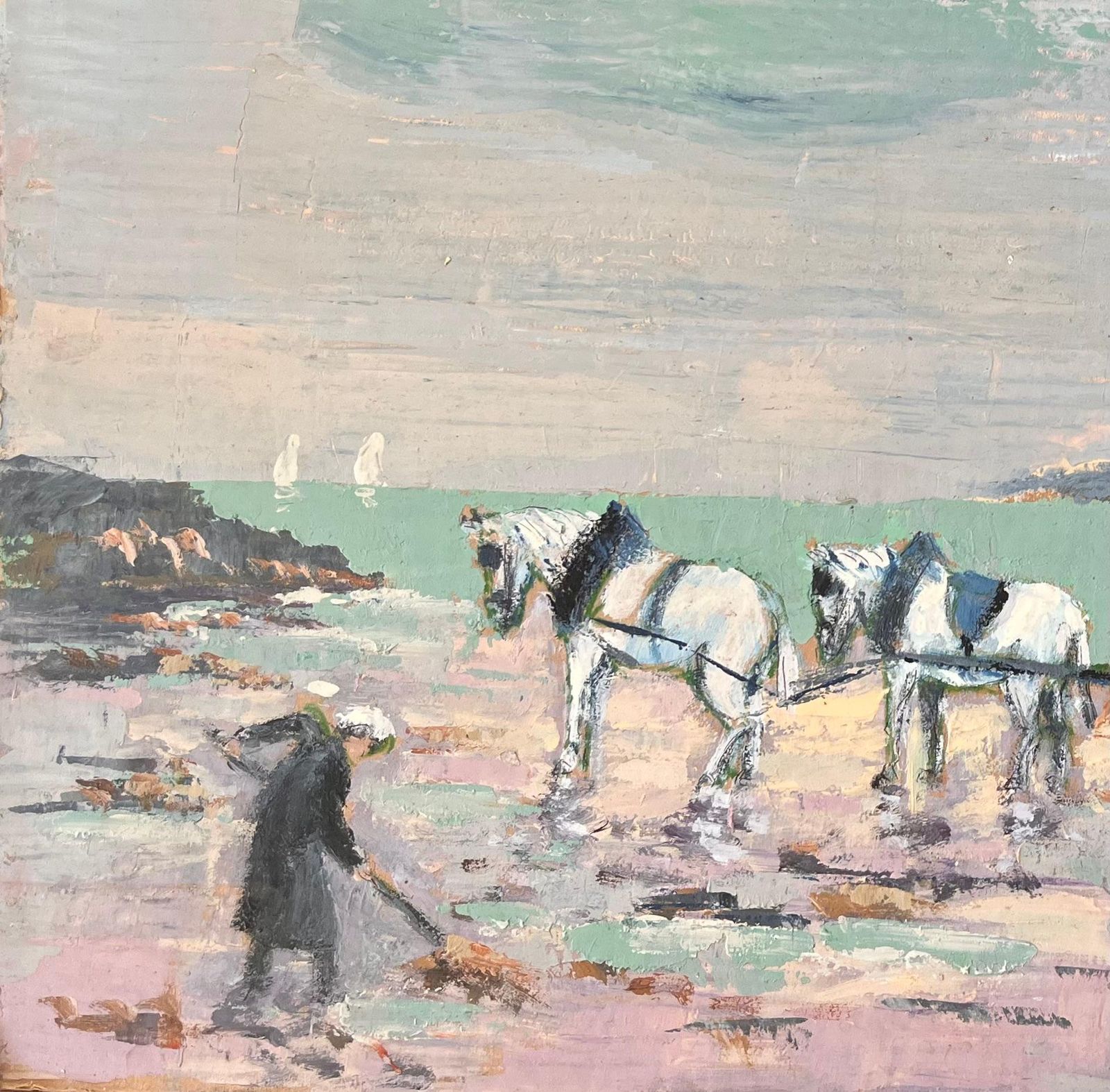 Fanch Lelimpressionist Coastal Scene With Horse Cart Seaweed Gatherers And Pastel Sky photo 653.0