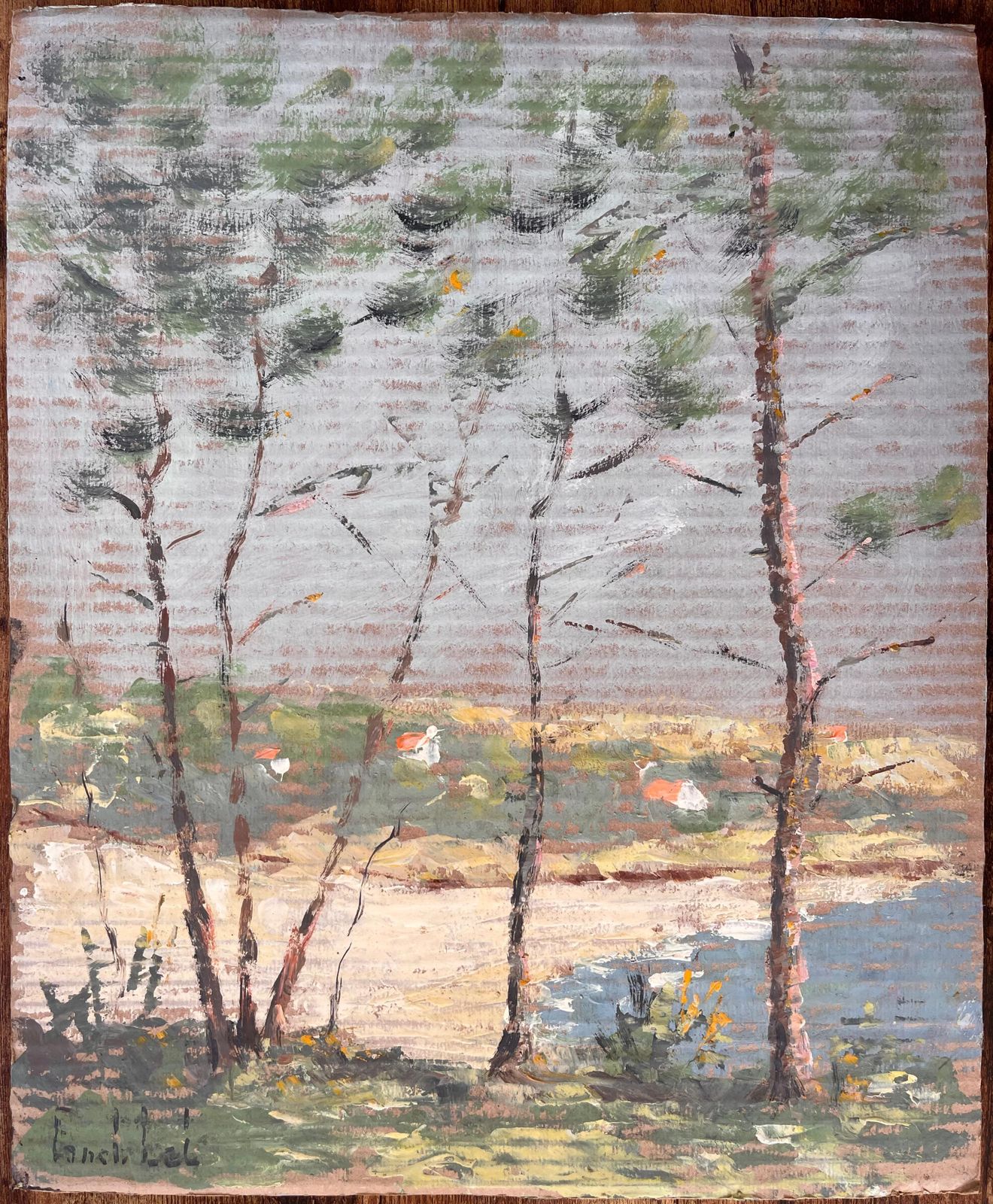 Fanch Lelimpressionist Coastal Landscape With Pine Trees Sandy Shore And Distant Cottages photo for sale