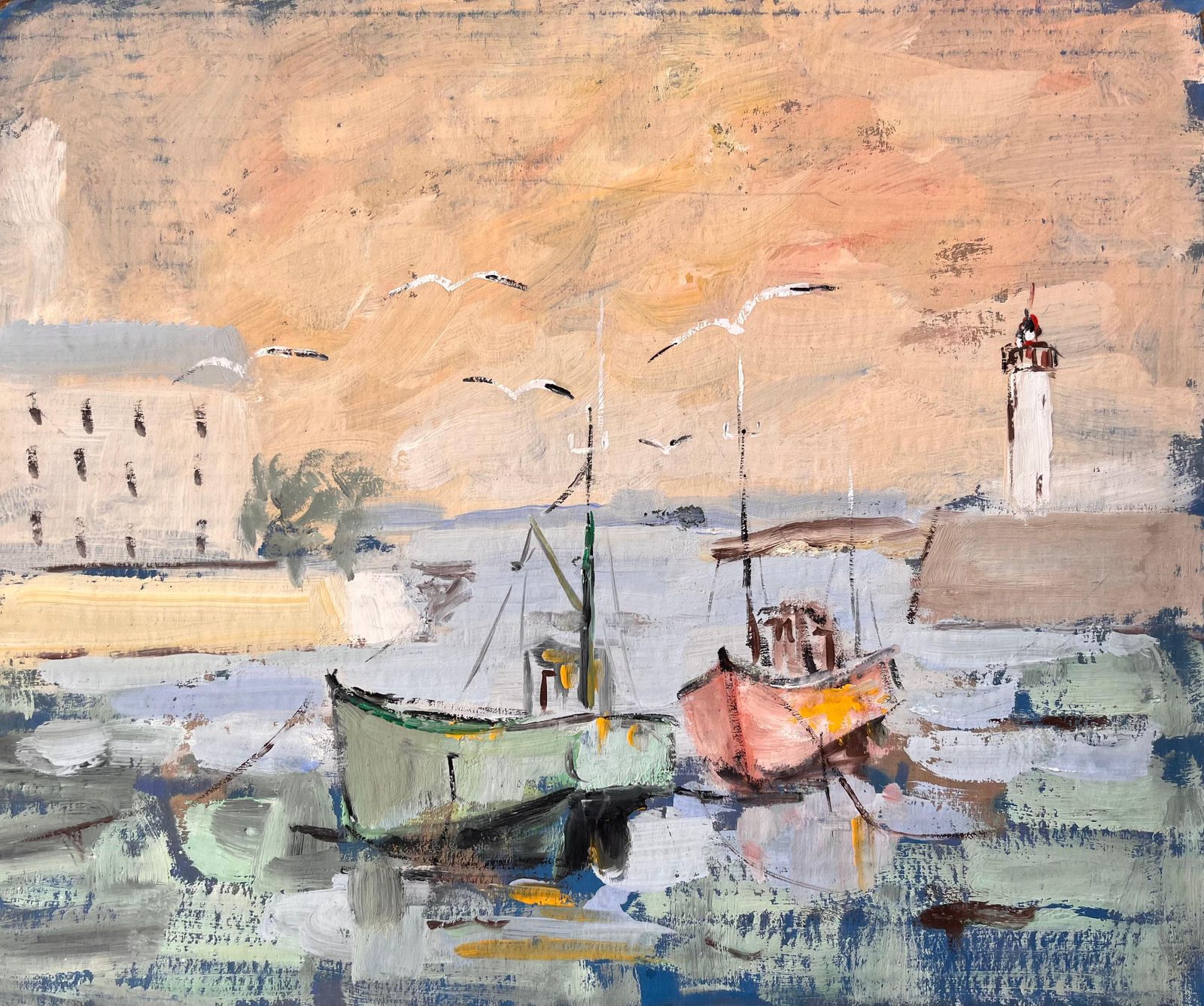 Fanch Lelimpressionist Harbour Scene With Fishing Boats Lighthouse And Sunset Sky