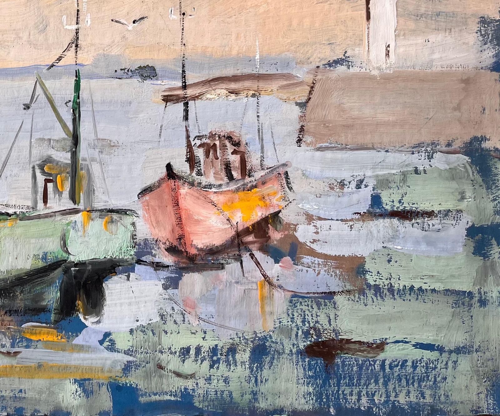 Fanch Lelimpressionist Harbour Scene With Fishing Boats Lighthouse And Sunset Sky photo for sale