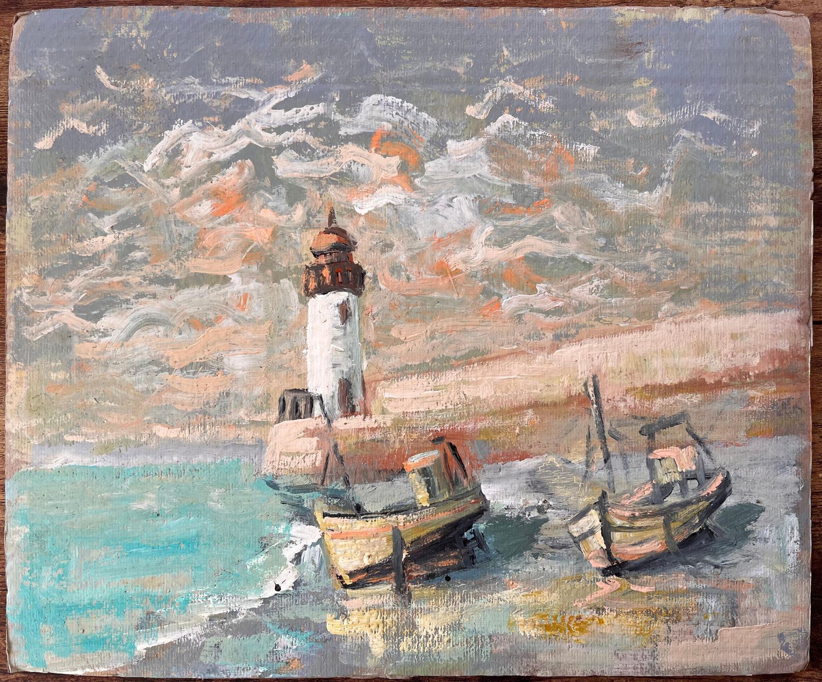 Fanch Lelimpressionist Lighthouse Scene With Beached Fishing Boats And Dramatic Sky photo furniture