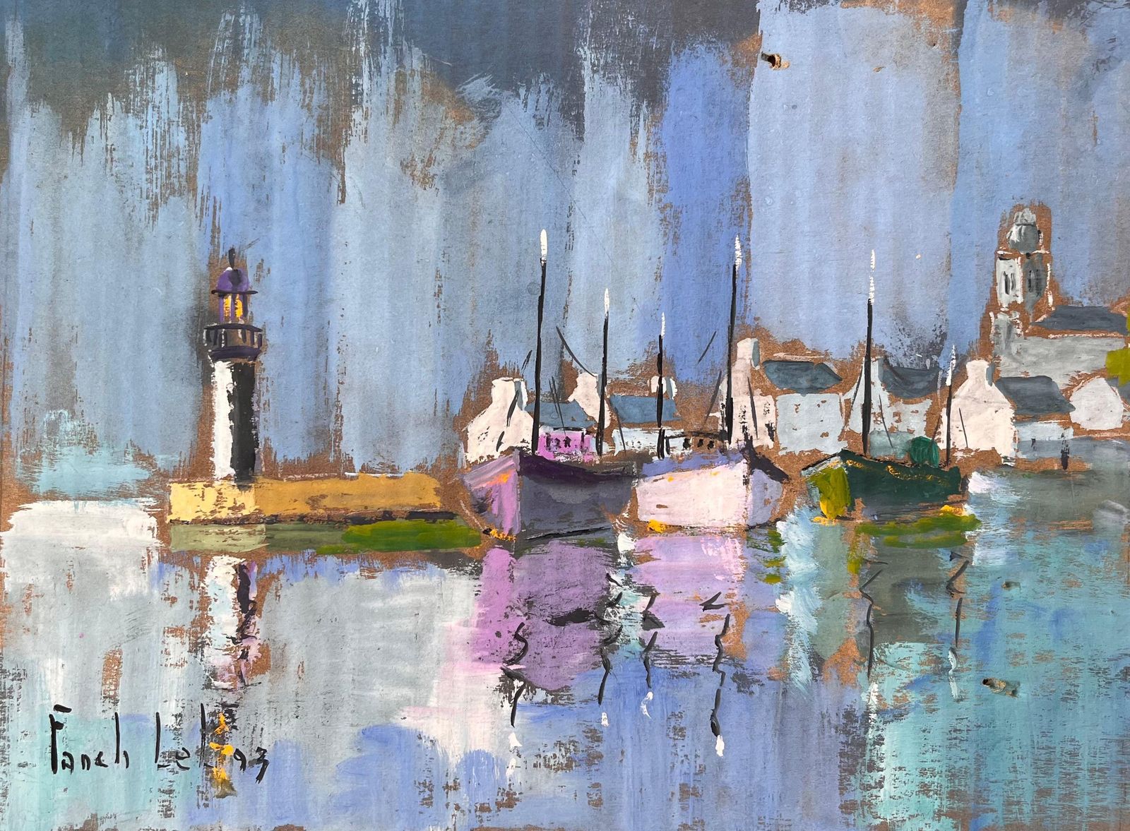Fanch Lelcolourful Impressionist Harbour With Lighthouse Boats And Reflections At Dusk1993