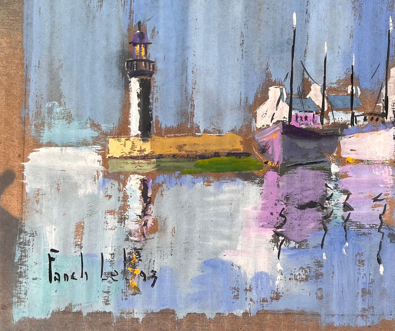 Fanch Lelcolourful Impressionist Harbour With Lighthouse Boats And Reflections At Dusk1993 photo vinterior