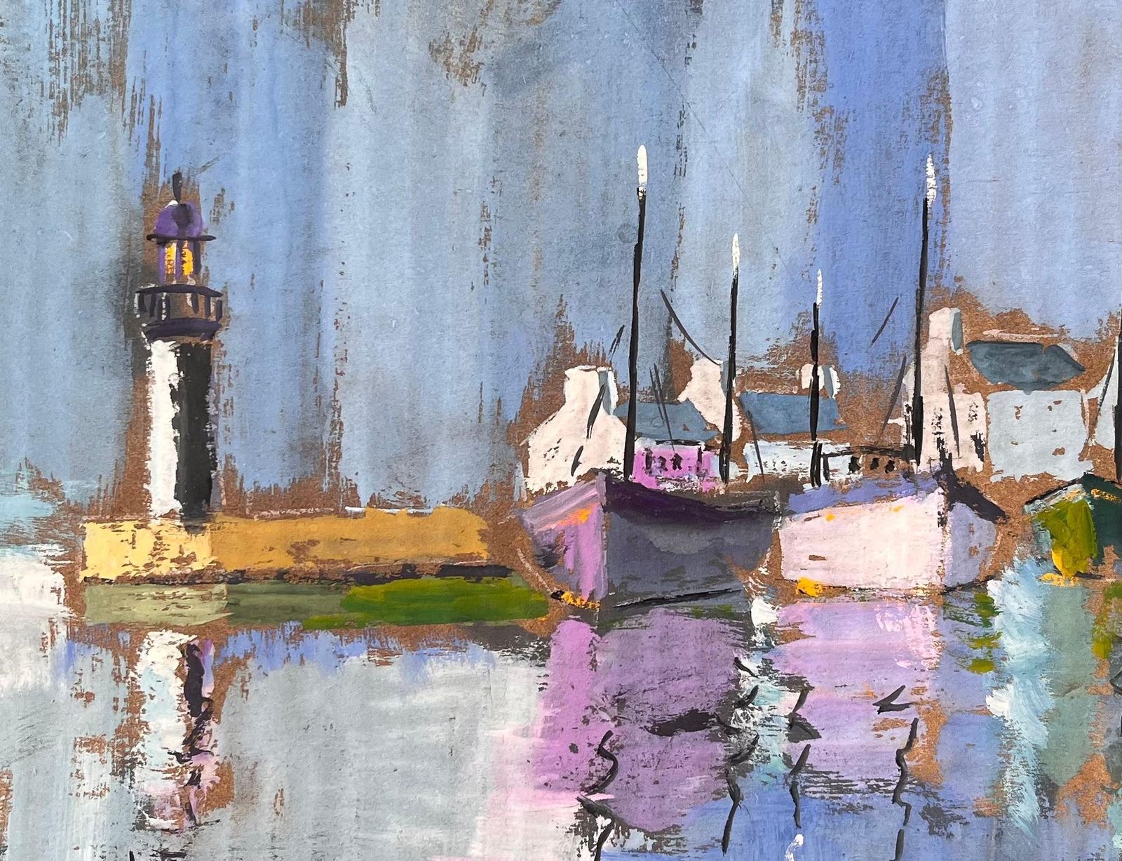 Fanch Lelcolourful Impressionist Harbour With Lighthouse Boats And Reflections At Dusk1993 photo buy