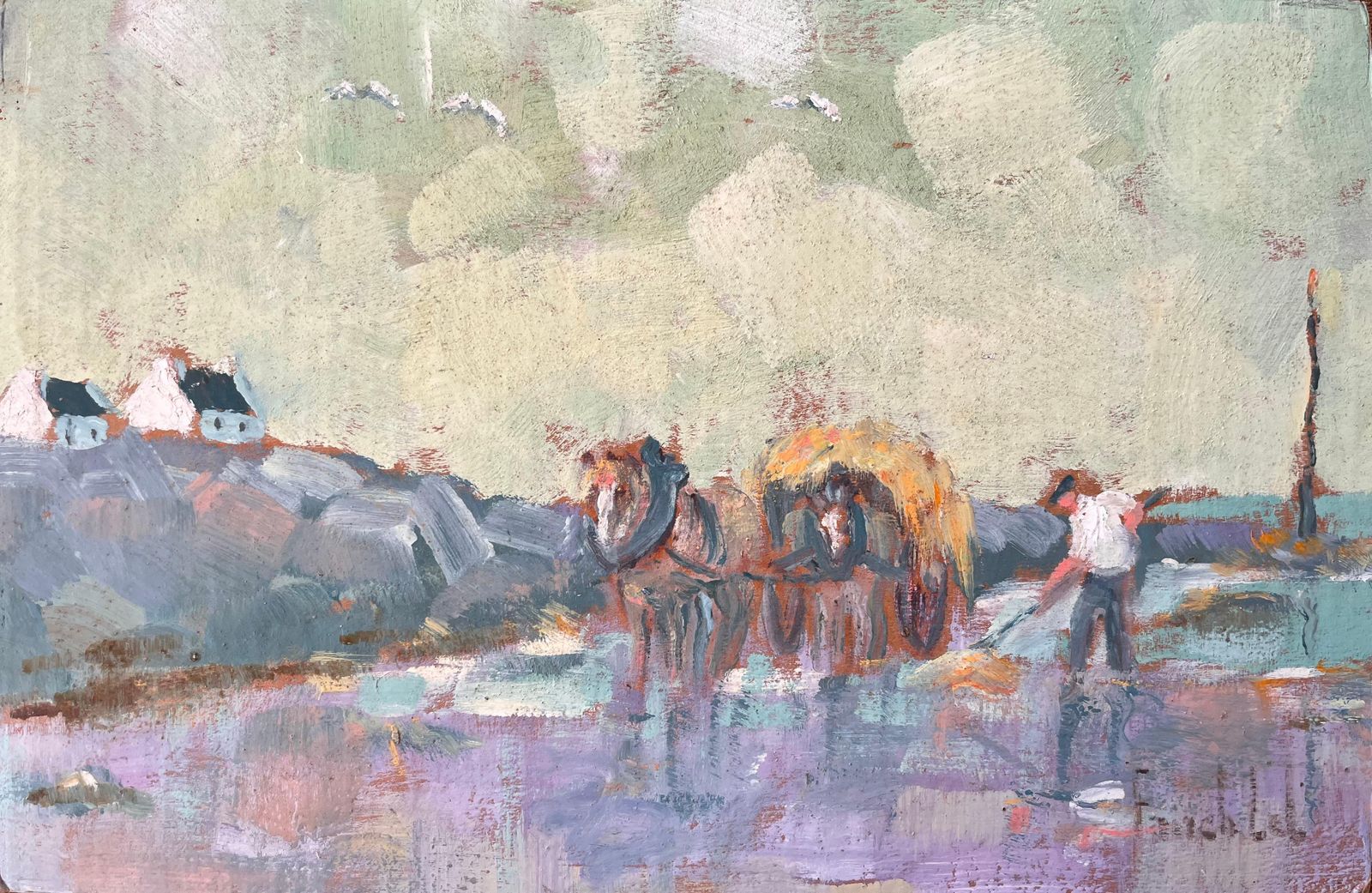 Fanch Lelimpressionist Rural Scene With Horse Cart And Farm Worker In Coastal Village