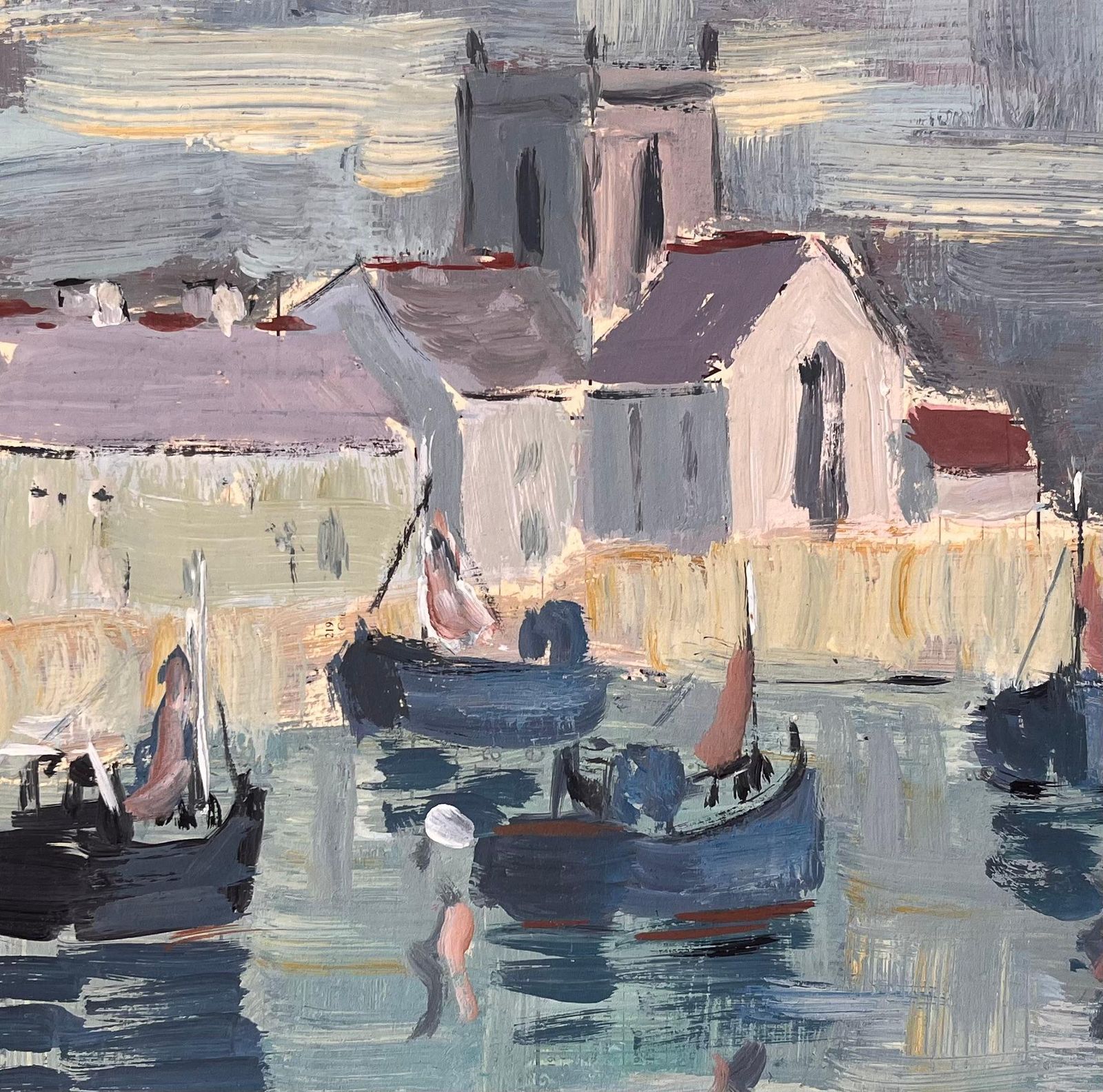 Fanch Lelimpressionist Harbour Scene With Fishing Boats And Church Under Cloudy Sky photo buy