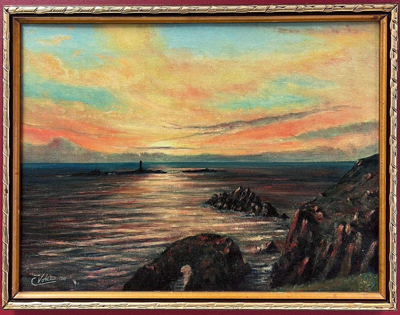 Colin Vokessunrise Over Lands End Cornwall Signed British Impressionist Oil Painting1970