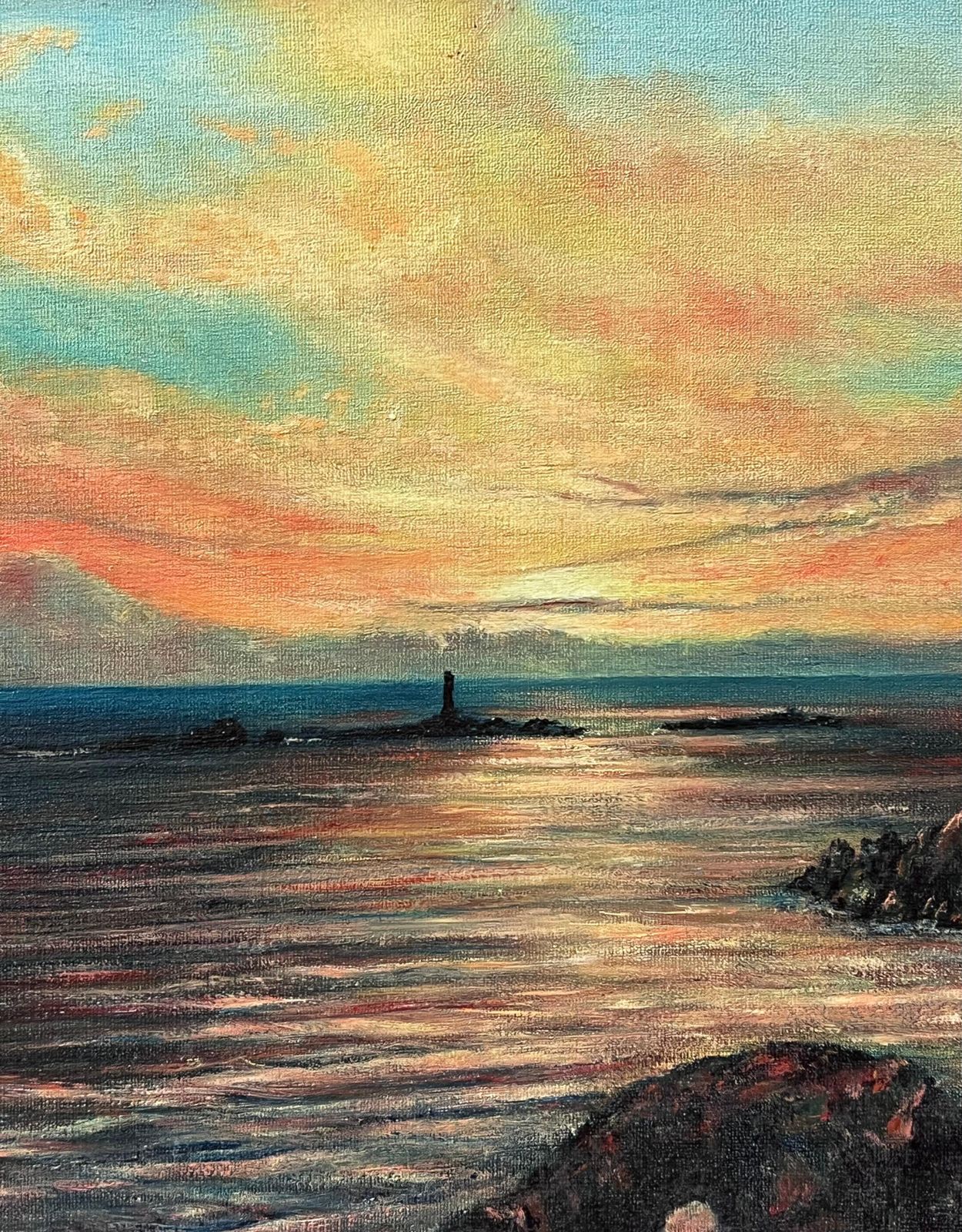 Colin Vokessunrise Over Lands End Cornwall Signed British Impressionist Oil Painting1970 photo furniture