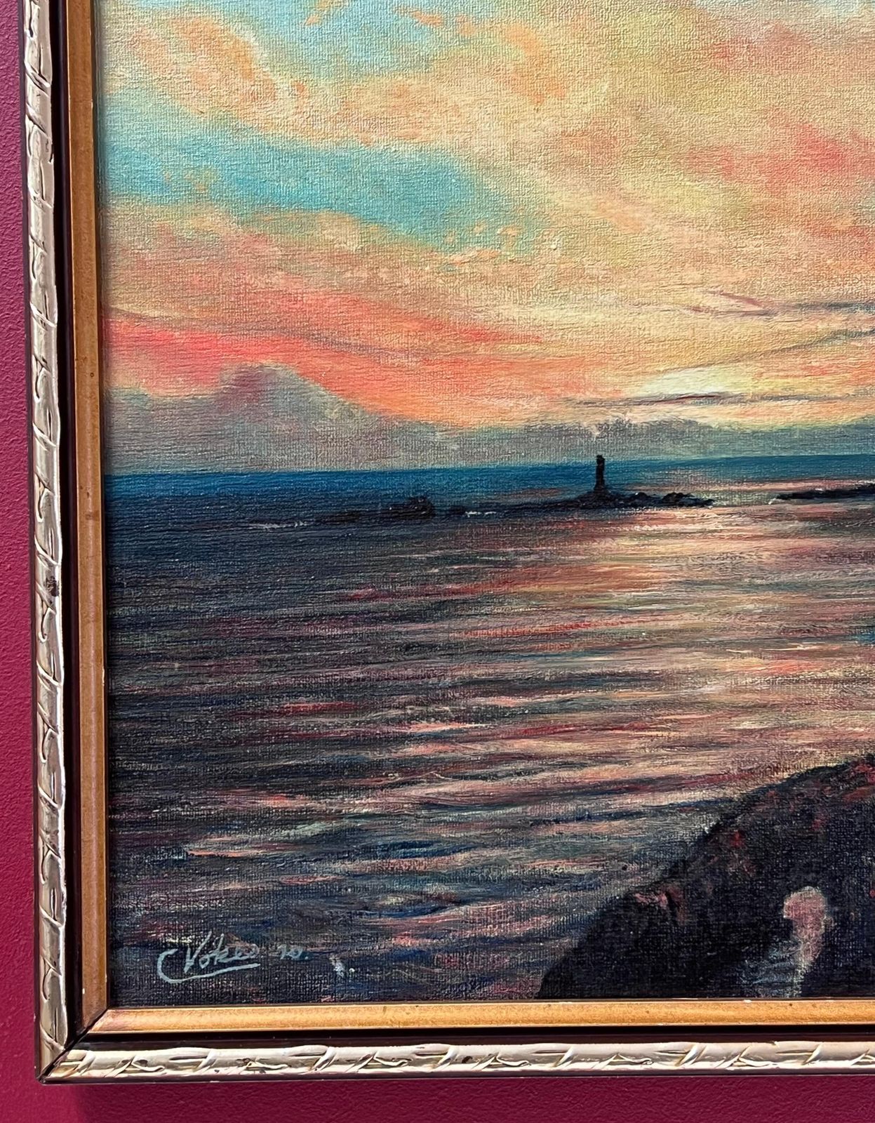 Colin Vokessunrise Over Lands End Cornwall Signed British Impressionist Oil Painting1970 photo buy