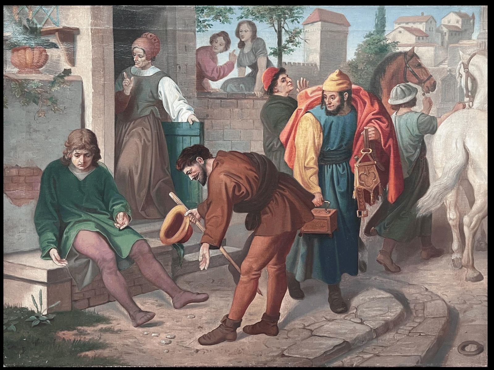 French School19th Century French Theatrical Oil Painting Merchants Outside City Building19th Century photo furniture
