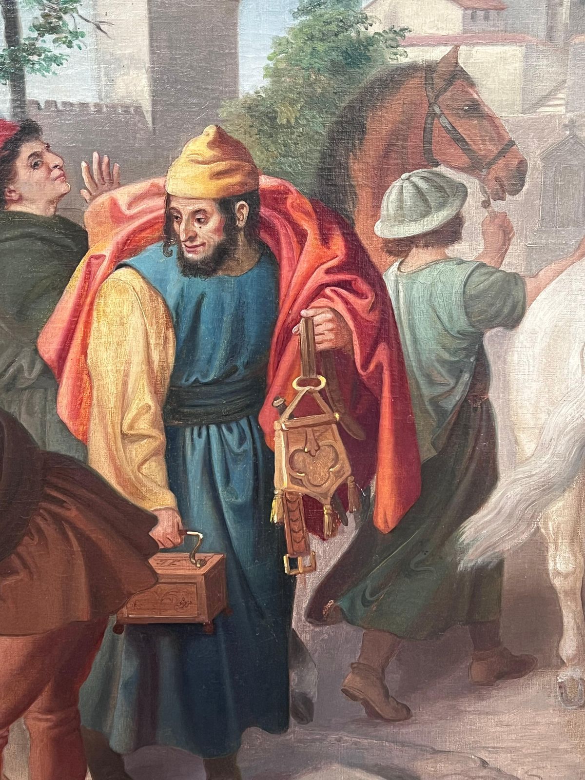 French School19th Century French Theatrical Oil Painting Merchants Outside City Building19th Century photo for sale