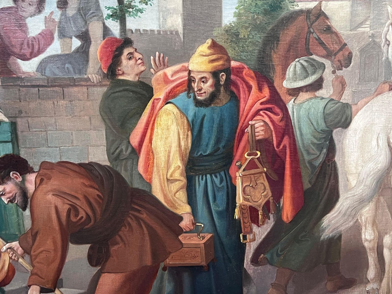 French School19th Century French Theatrical Oil Painting Merchants Outside City Building19th Century photo Art