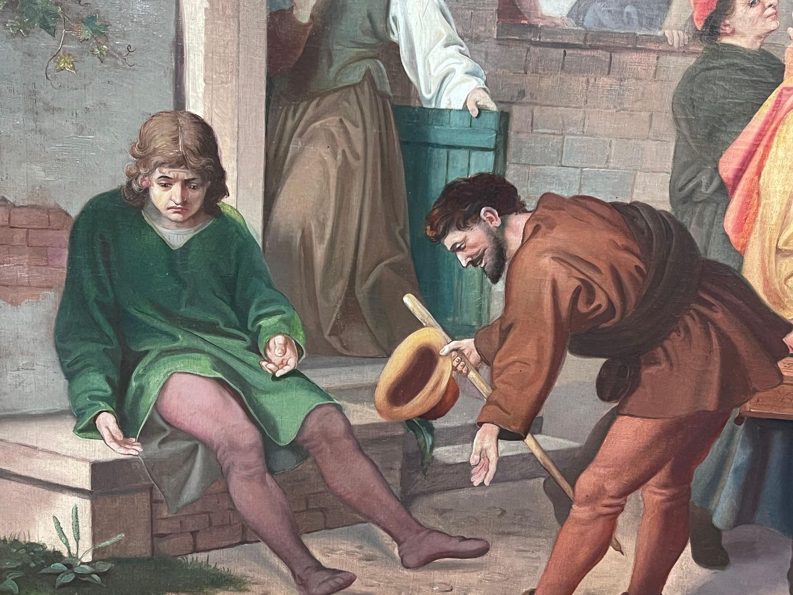 French School19th Century French Theatrical Oil Painting Merchants Outside City Building19th Century photo vinterior