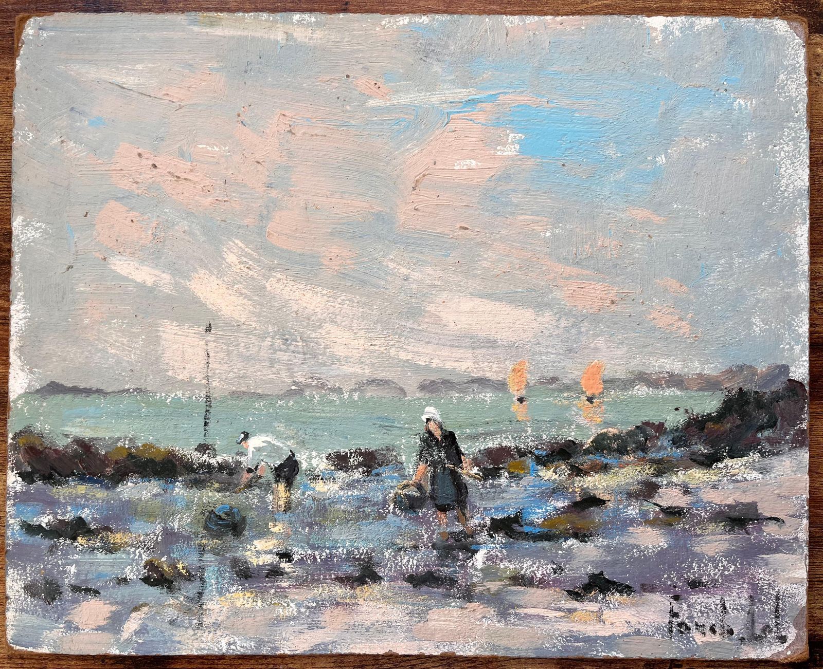 Fanch Lelfrench Coastal Oil Painting Of Low Tide Shore Fishing With Sailboats And Figures photo furniture