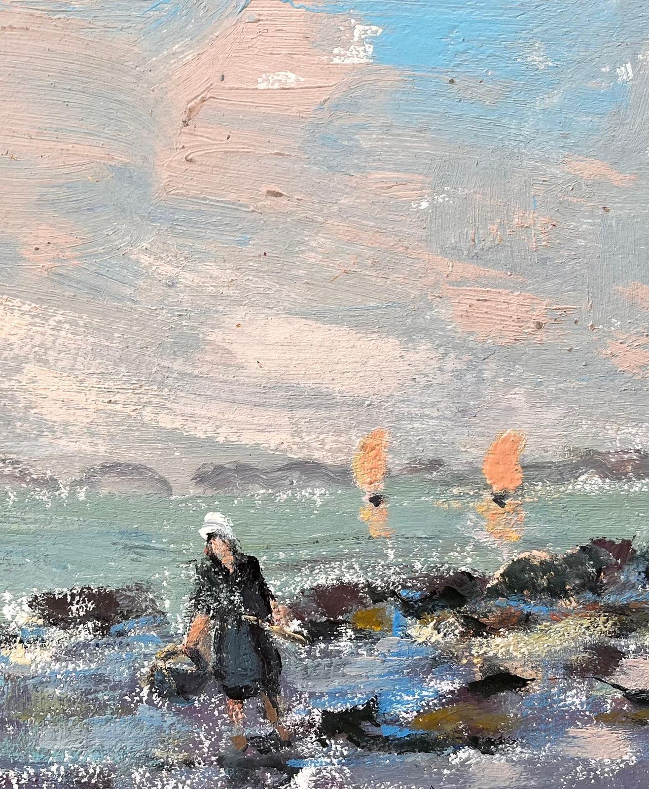 Fanch Lelfrench Coastal Oil Painting Of Low Tide Shore Fishing With Sailboats And Figures photo buy