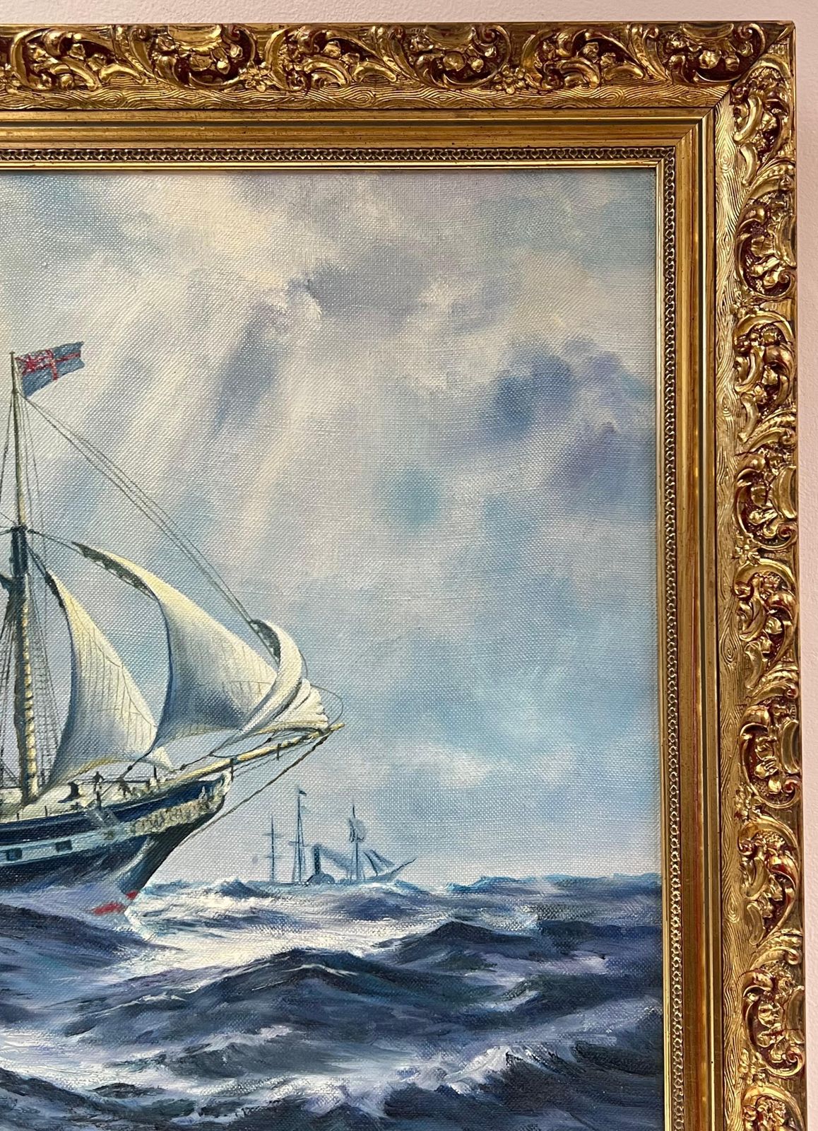 European Artistlarge Classic Marine Signed Oil Painting Sailing Ship On Choppy Seas Gilt Framed photo for sale