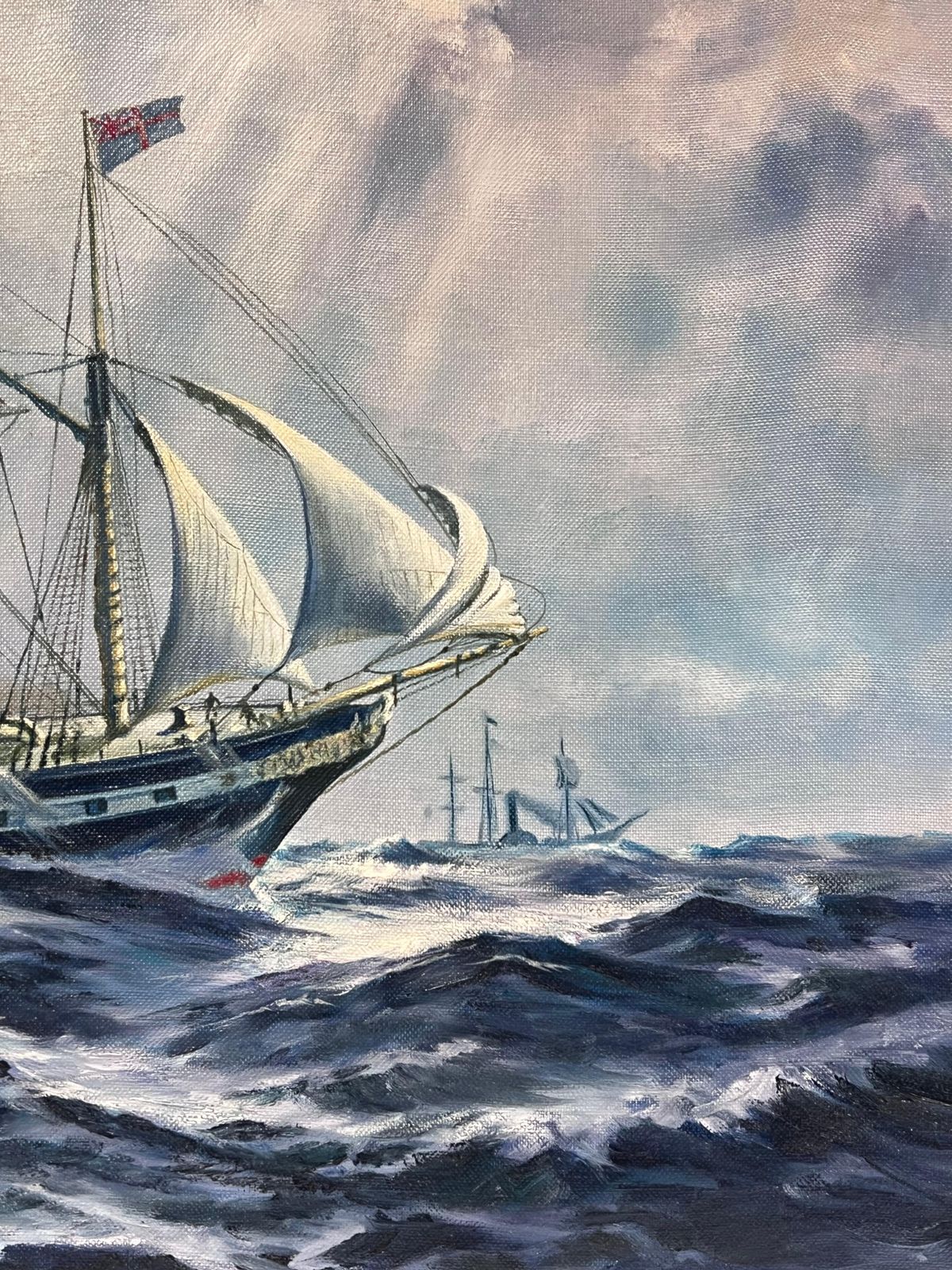 European Artistlarge Classic Marine Signed Oil Painting Sailing Ship On Choppy Seas Gilt Framed photo vintage