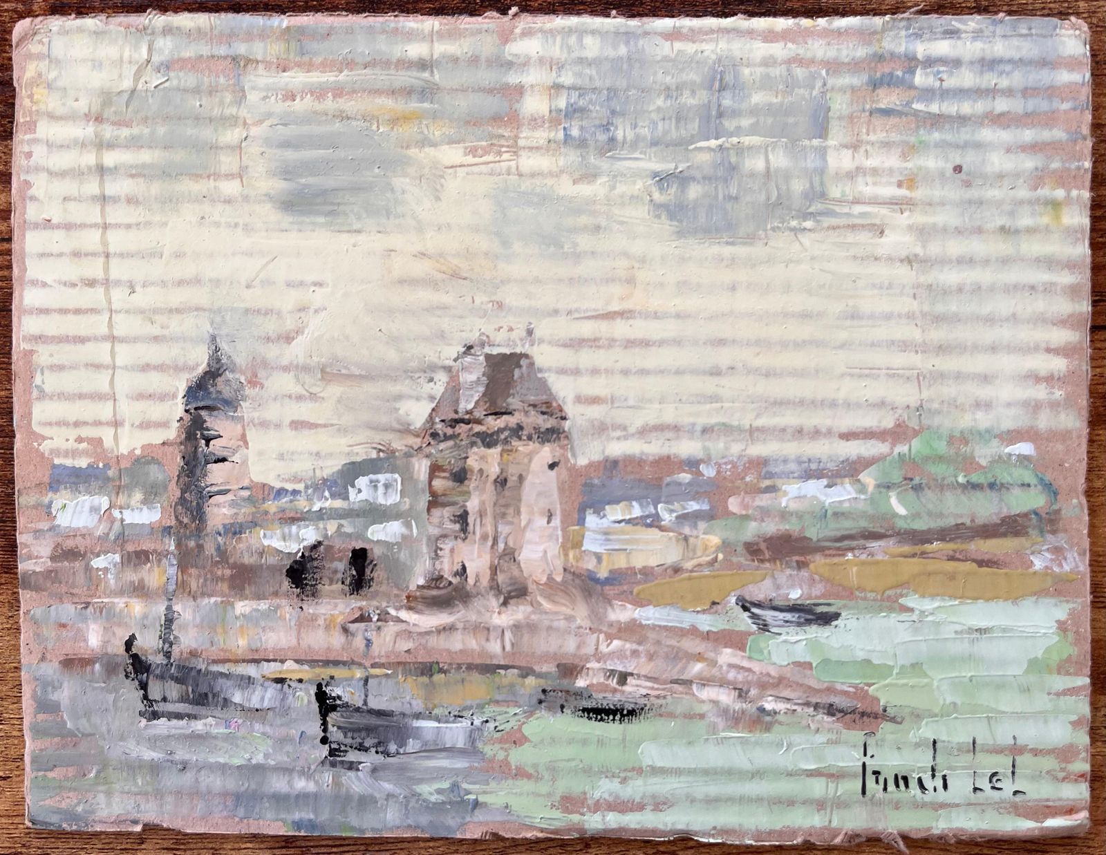 Fanch Lelimpressionist Coastal Village With Boats And Tower In Muted Pastel Palette photo furniture