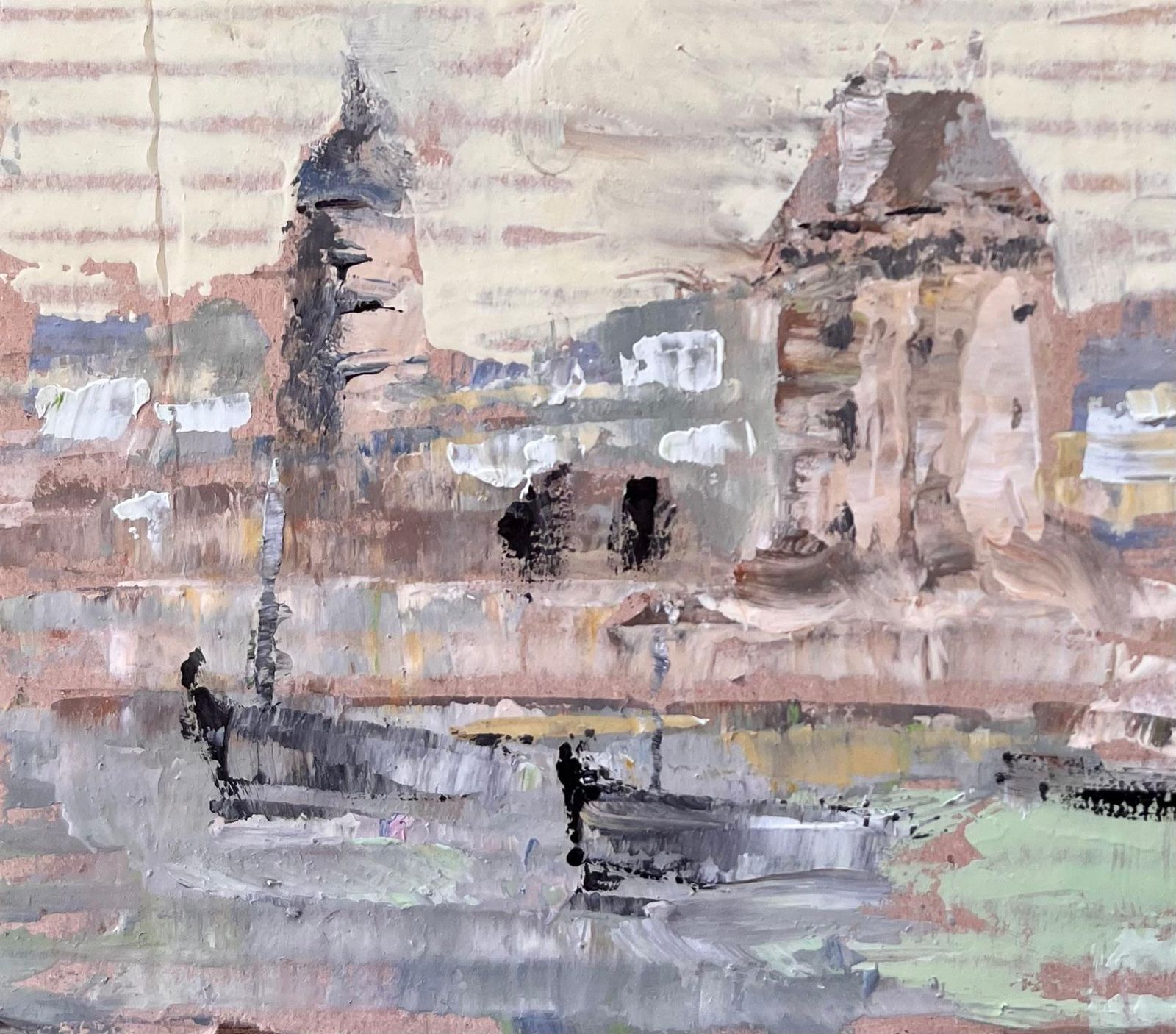 Fanch Lelimpressionist Coastal Village With Boats And Tower In Muted Pastel Palette photo for sale