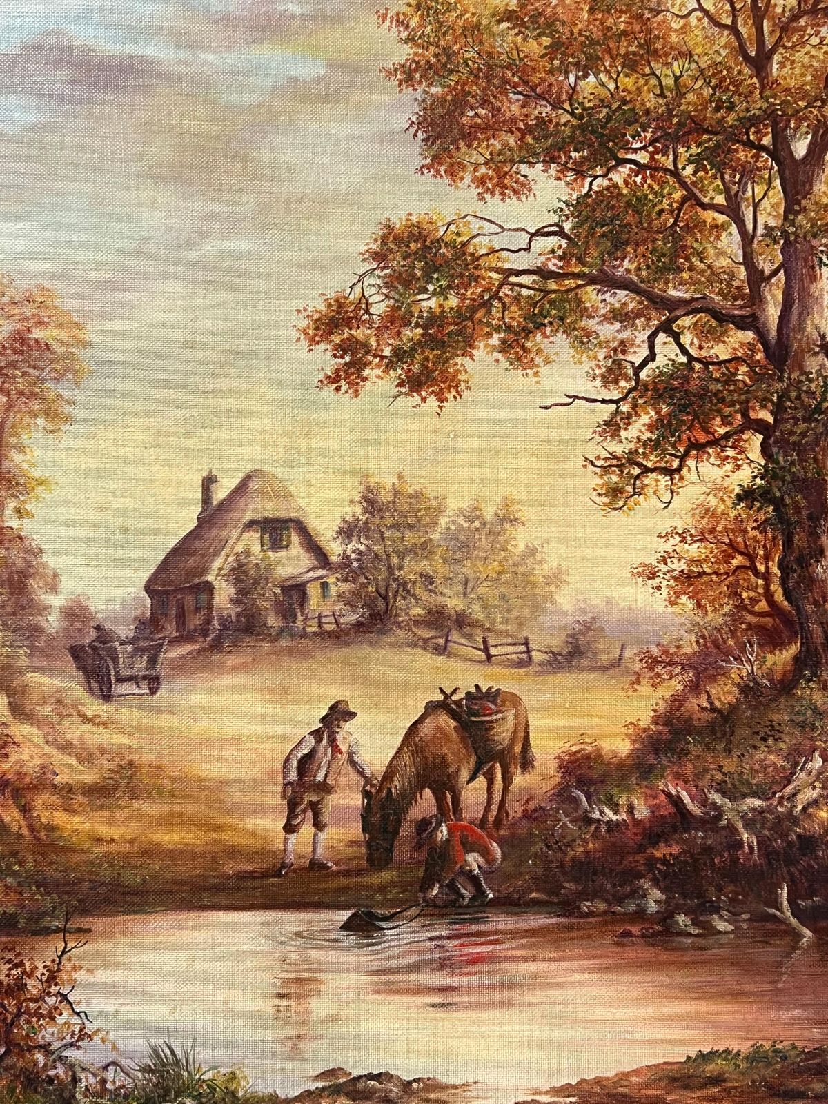 European Artisttraditional English Rural Country Scene Horse Drinking From Pool With Figures photo Art
