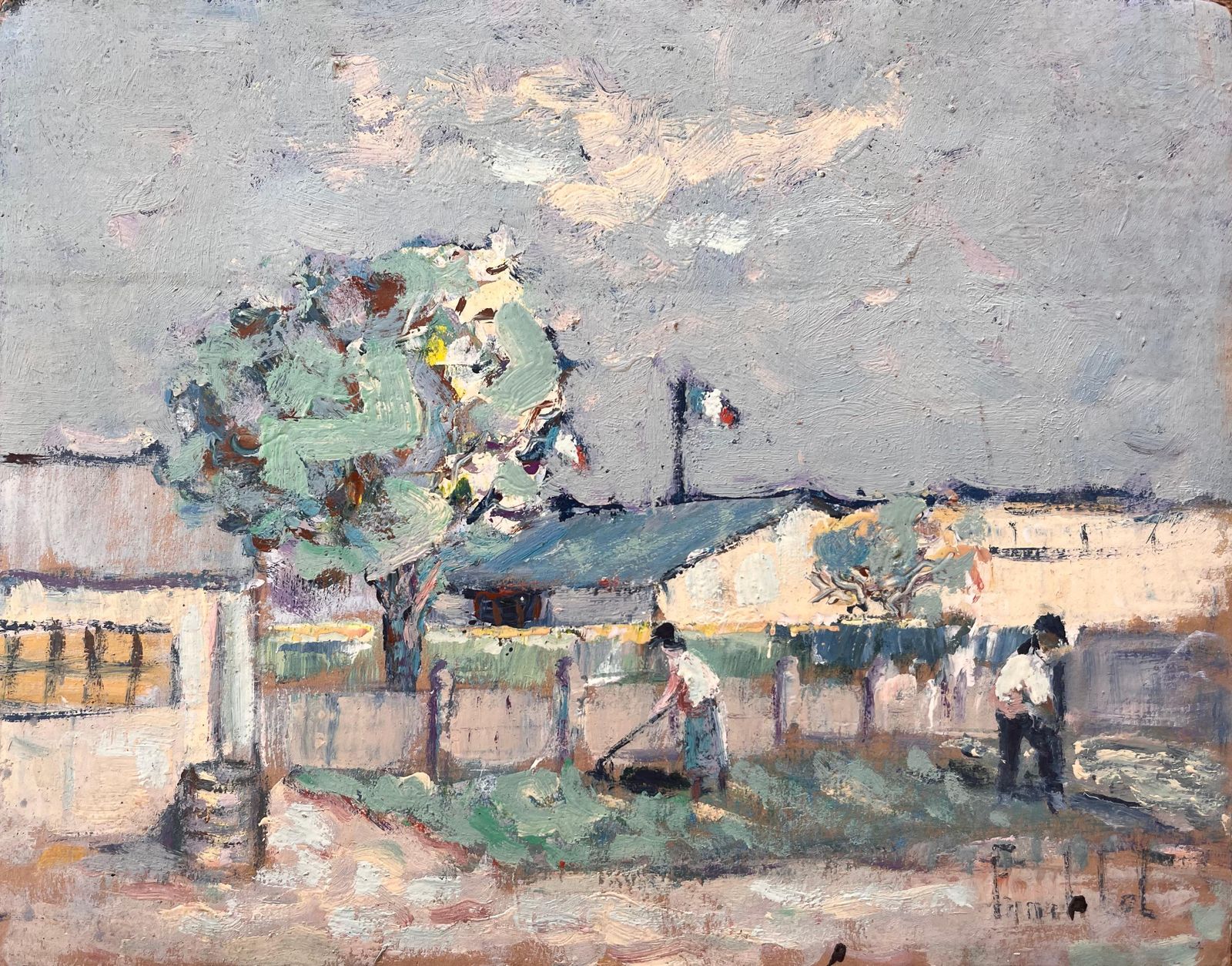 Fanch Lelfrench Impressionist Garden Scene With Workers Tricolor Flag And Countryside
