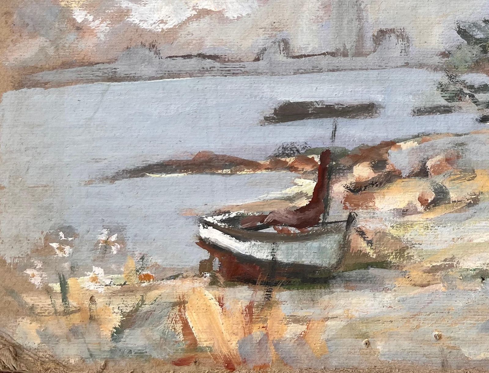 Fanch Lelimpressionist Coastal Landscape With Boat Cottage Trees And Sunset Sky photo for sale
