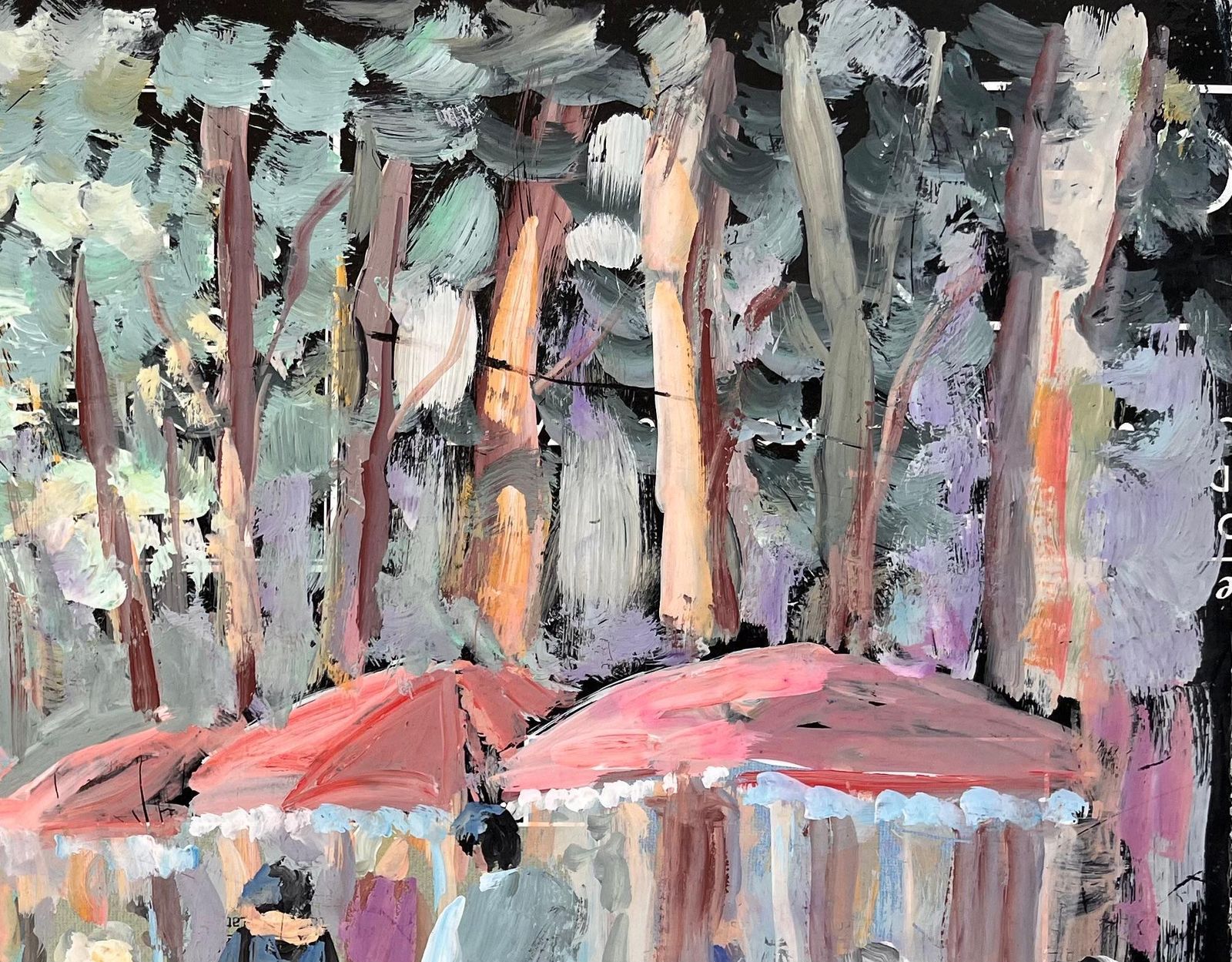Fanch Lelimpressionist Outdoor Café Scene With Figures Trees And Red Umbrellas In Summer1993 photo Art