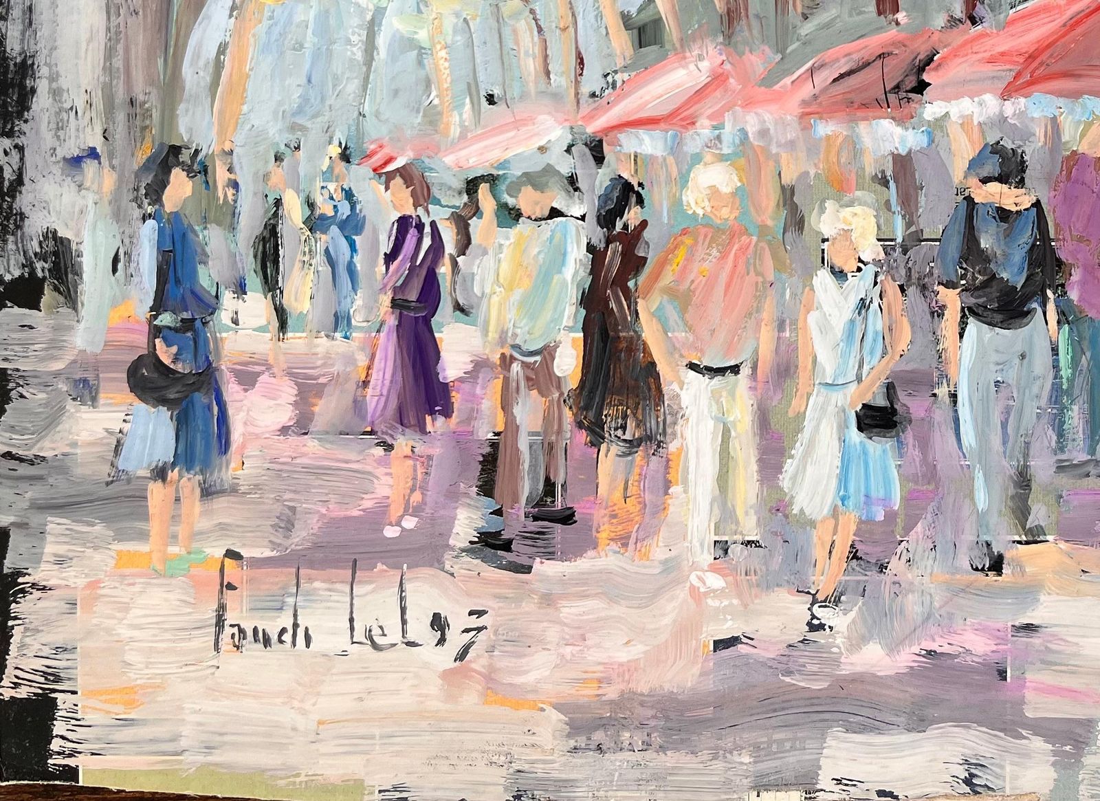 Fanch Lelimpressionist Outdoor Café Scene With Figures Trees And Red Umbrellas In Summer1993 photo 505.0