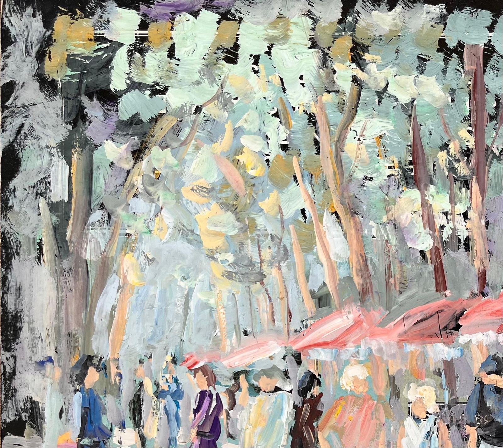 Fanch Lelimpressionist Outdoor Café Scene With Figures Trees And Red Umbrellas In Summer1993 photo vinterior