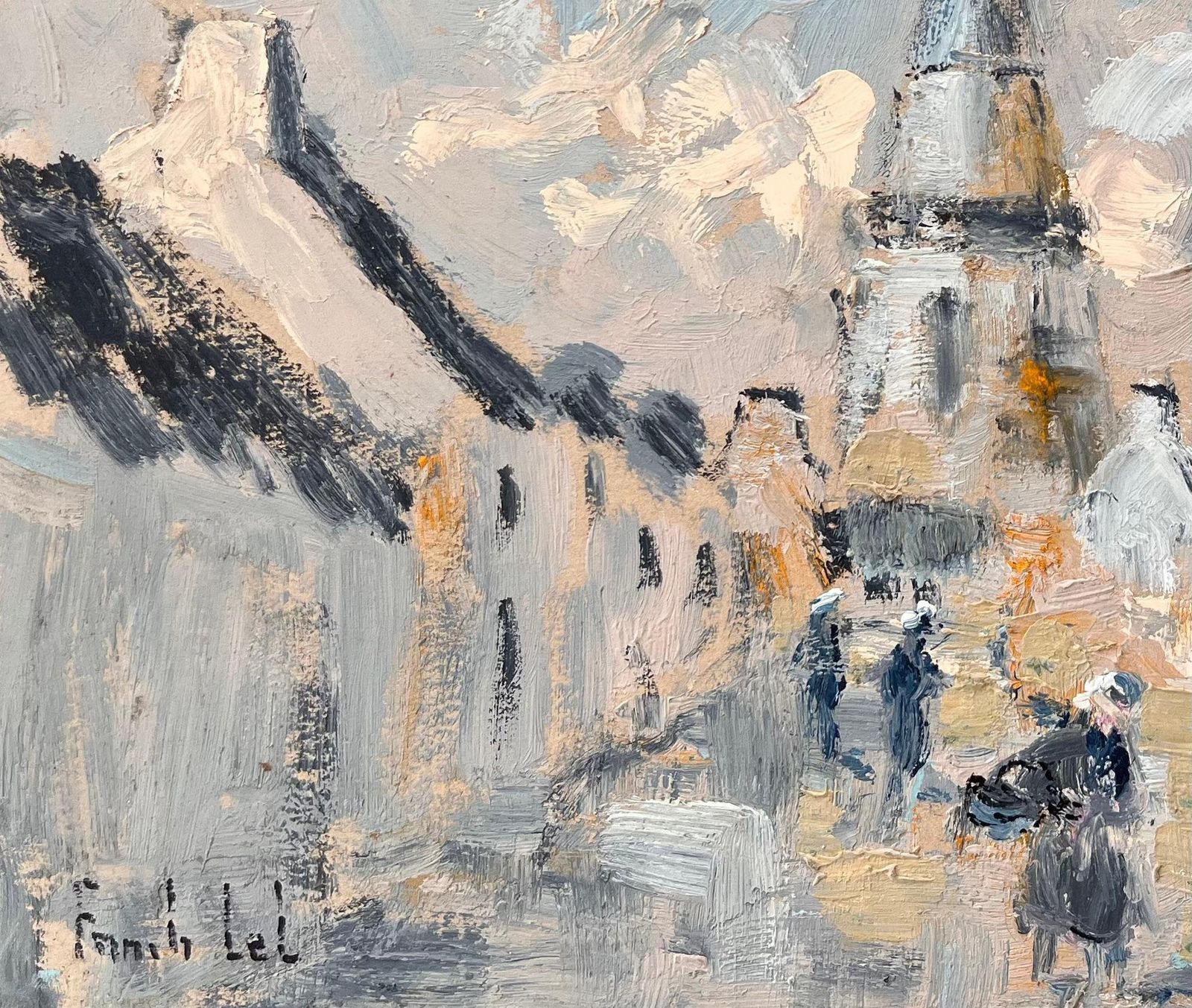 Fanch Lelimpressionist Village Street Scene With Church Tower And Figures In Winter Light photo 433.0