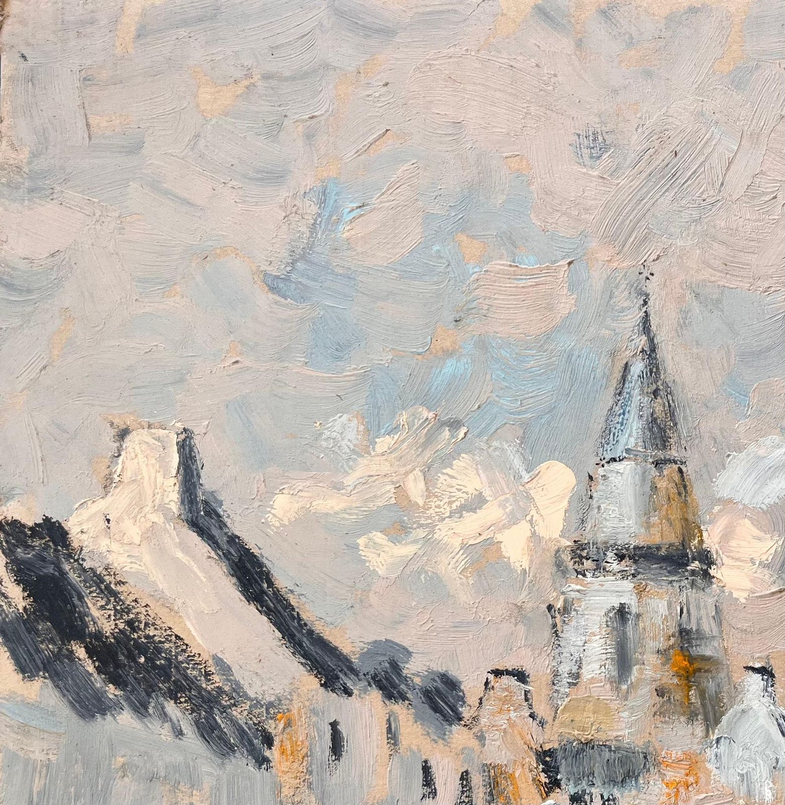 Fanch Lelimpressionist Village Street Scene With Church Tower And Figures In Winter Light photo vinterior