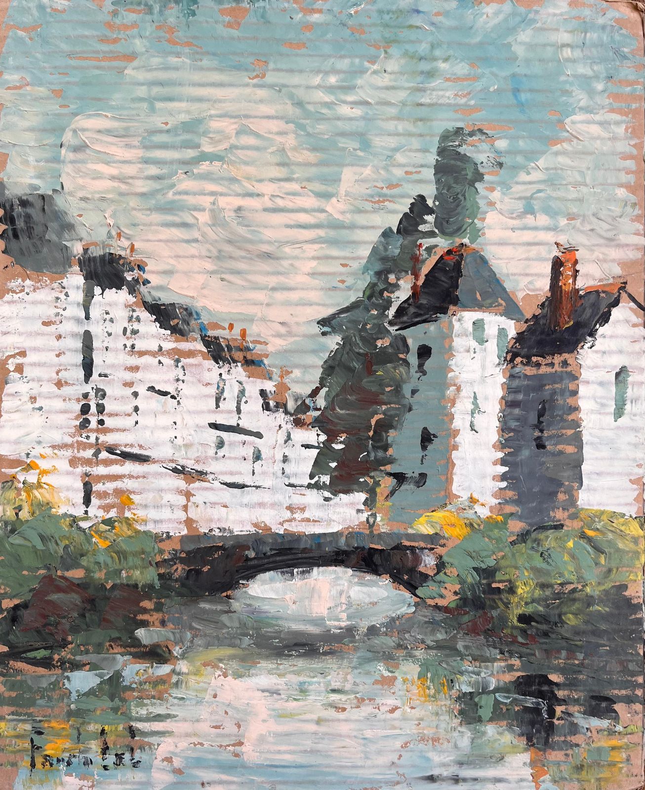 Fanch Lelimpressionist River Bridge Scene With Reflections And White Buildings In France