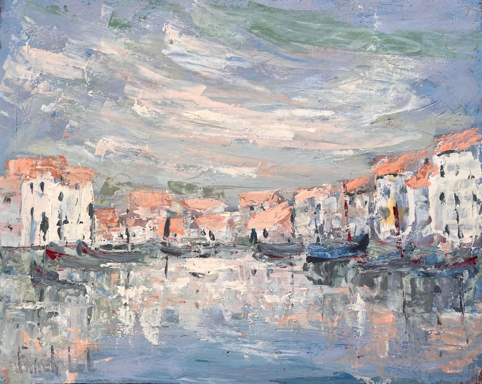 Fanch Lelfrench Canal Scene Oil Painting Of Whitewashed Buildings Gondolas And Reflection