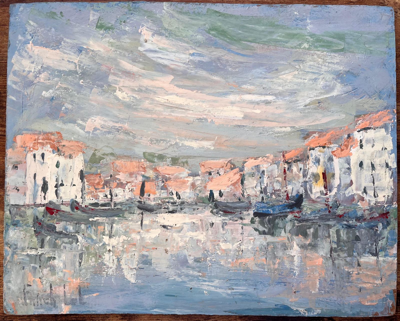 Fanch Lelfrench Canal Scene Oil Painting Of Whitewashed Buildings Gondolas And Reflection photo furniture