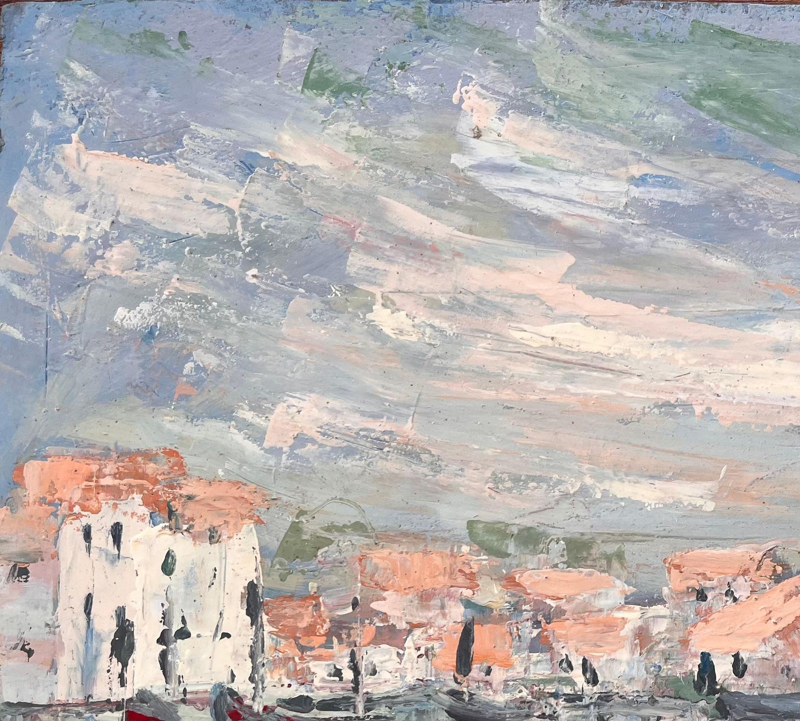 Fanch Lelfrench Canal Scene Oil Painting Of Whitewashed Buildings Gondolas And Reflection photo vinterior