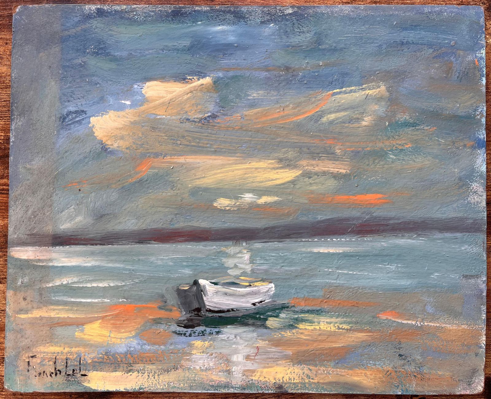 Fanch Lelfrench Coastal Oil Painting Of Small Rowboat At Sea Under Dramatic Sunset Sky photo furniture