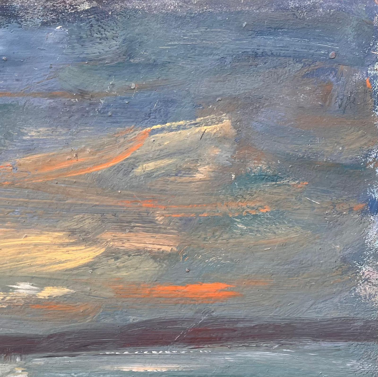 Fanch Lelfrench Coastal Oil Painting Of Small Rowboat At Sea Under Dramatic Sunset Sky photo 500.0
