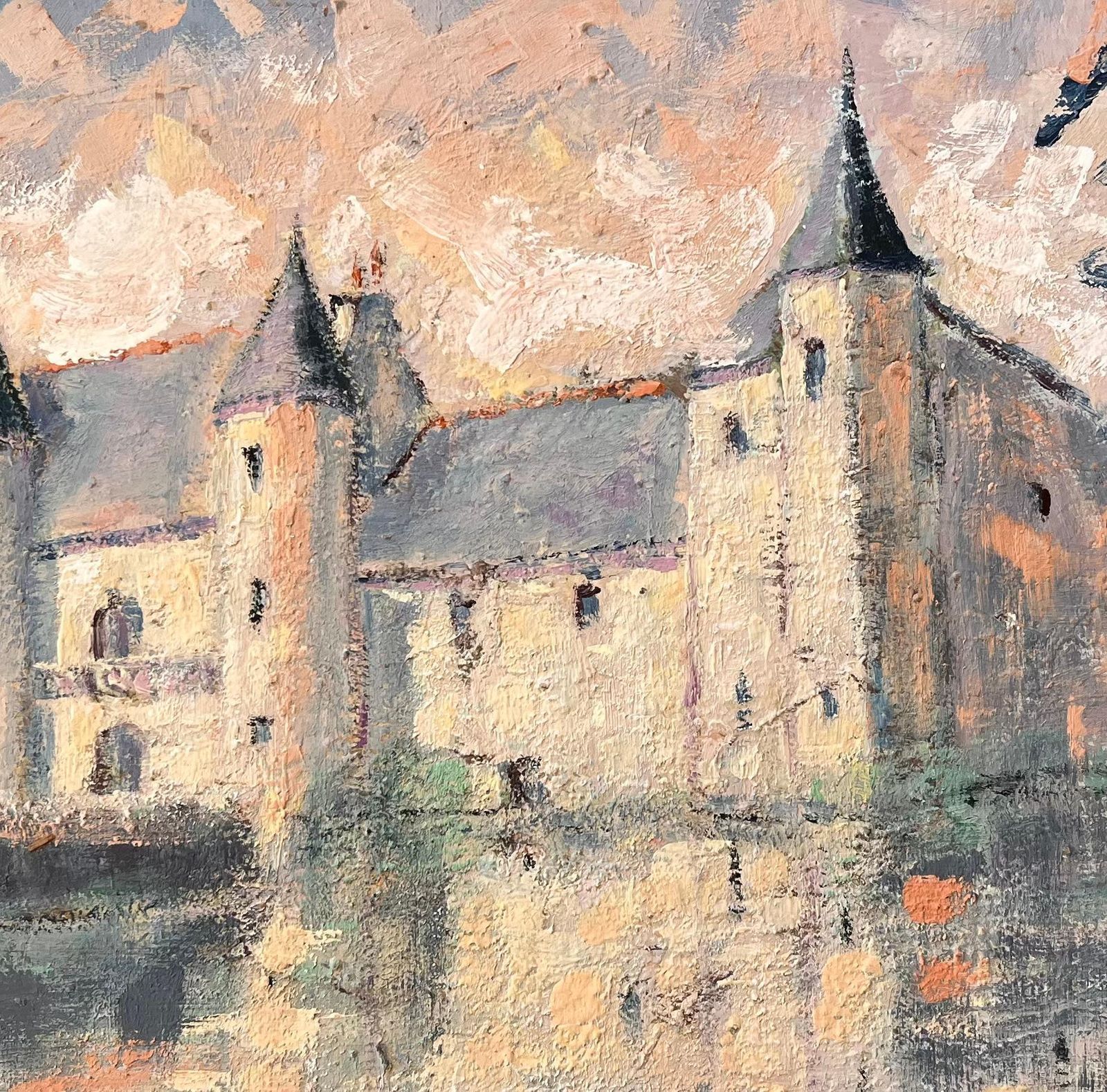 Fanch Lelimpressionist Castle On Lake At Sunset With Reflections And Soft Pastel Sky photo vinterior