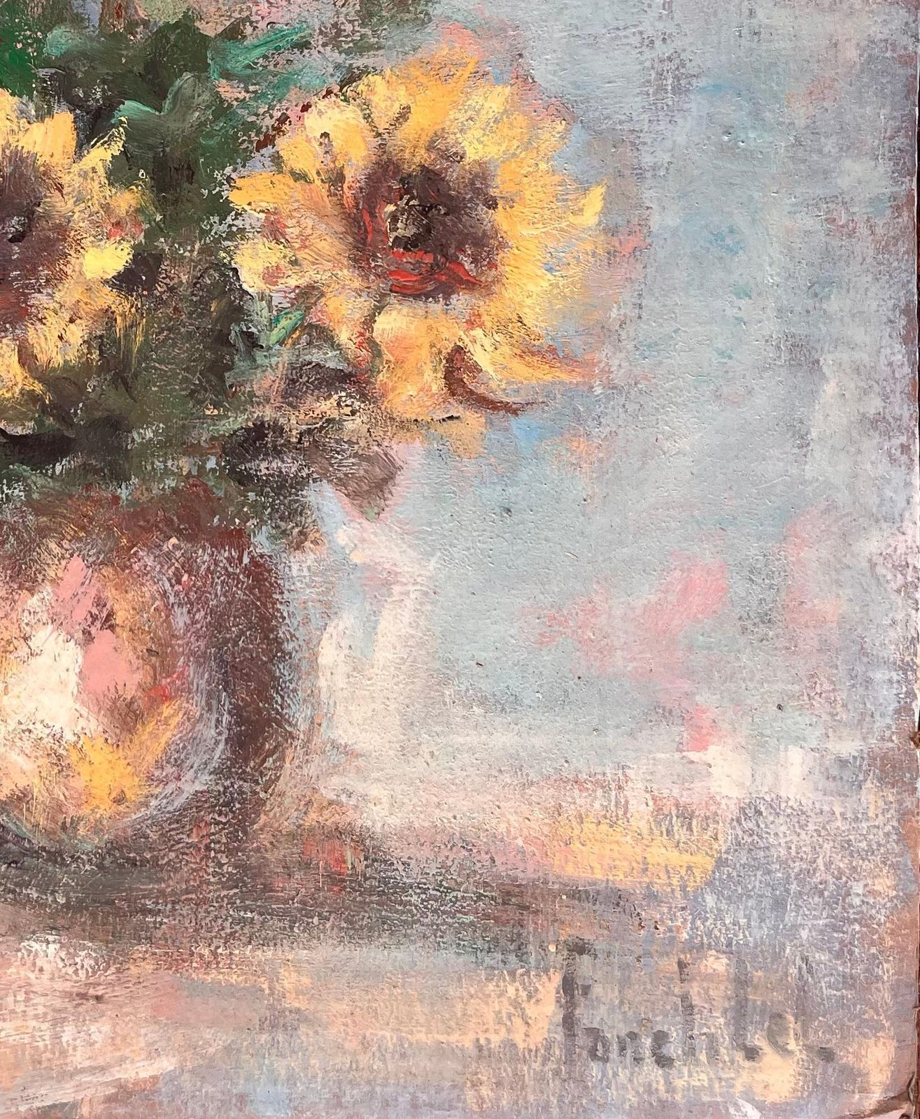 Fanch Lelimpressionist Still Life Of Sunflowers In A Vase With Soft Blue Background photo for sale