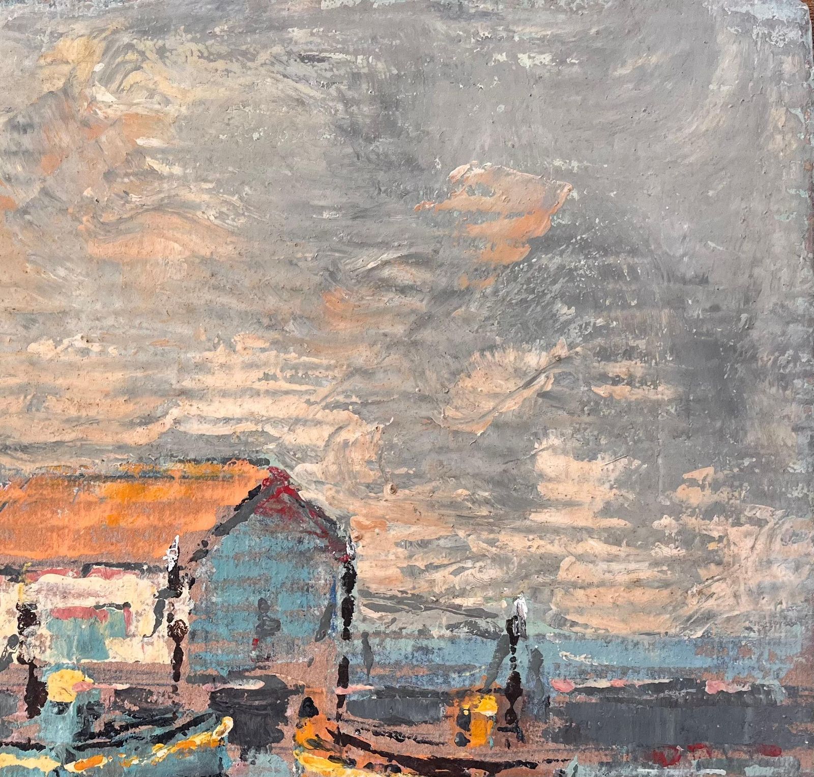 Fanch Lelimpressionist Painting Of Fishing Boats And Boathouse Under Dramatic Sky photo vinterior