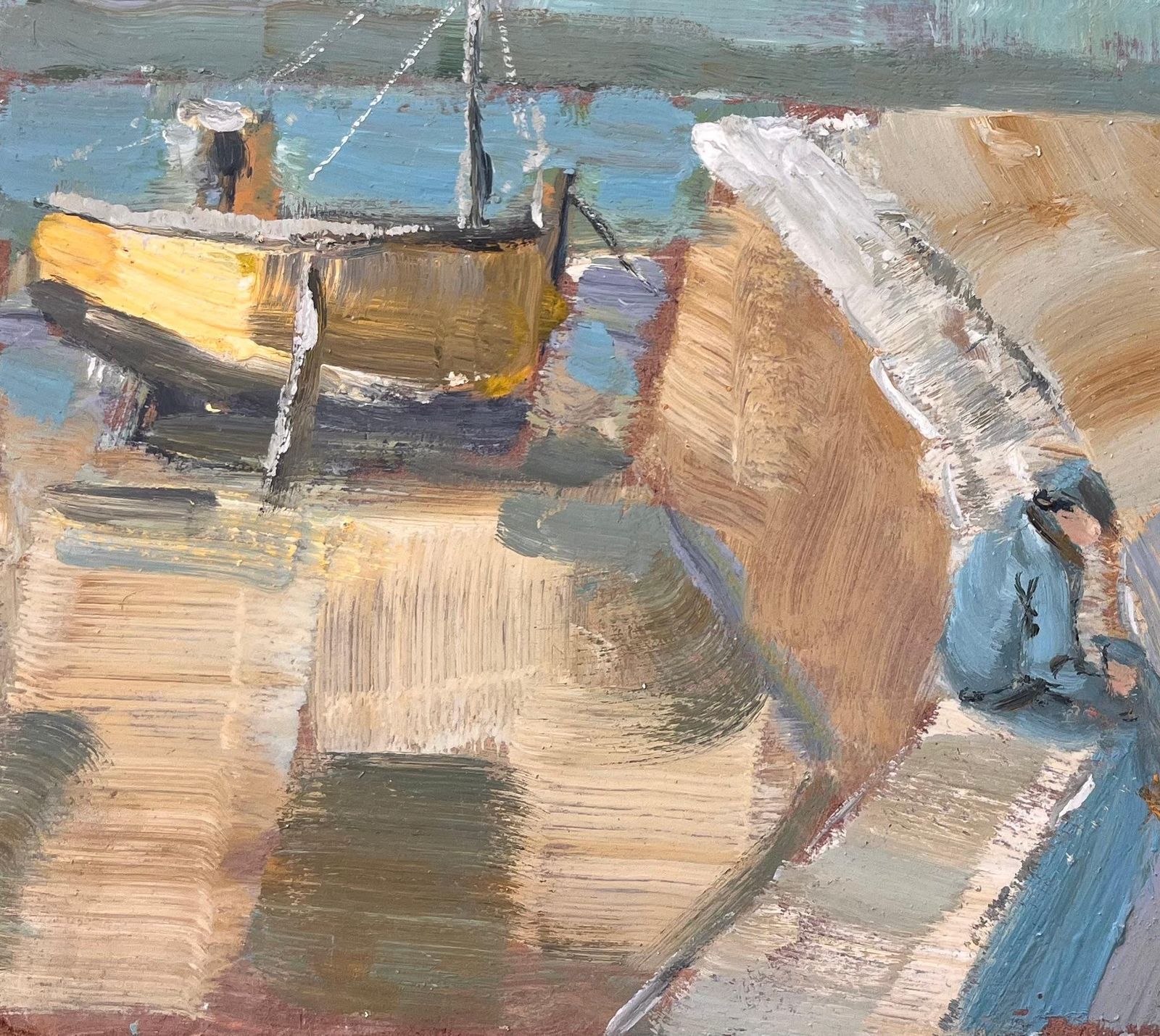 Fanch Lelfrench Coastal Lighthouse Scene With Sailors And Yellow Boat In Bold Oil photo 709.0