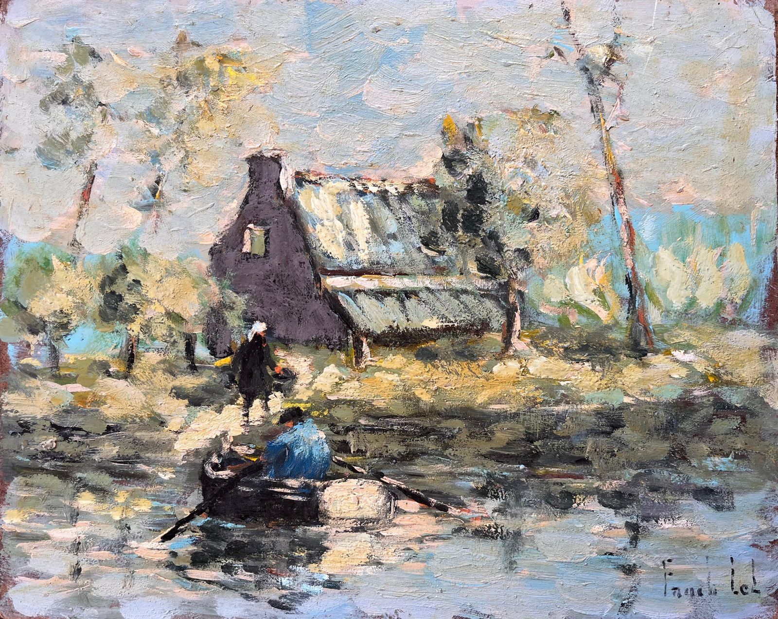 Fanch Lelfrench Impressionist Oil Painting Of Fishermen Rowing By Countryside Cottage