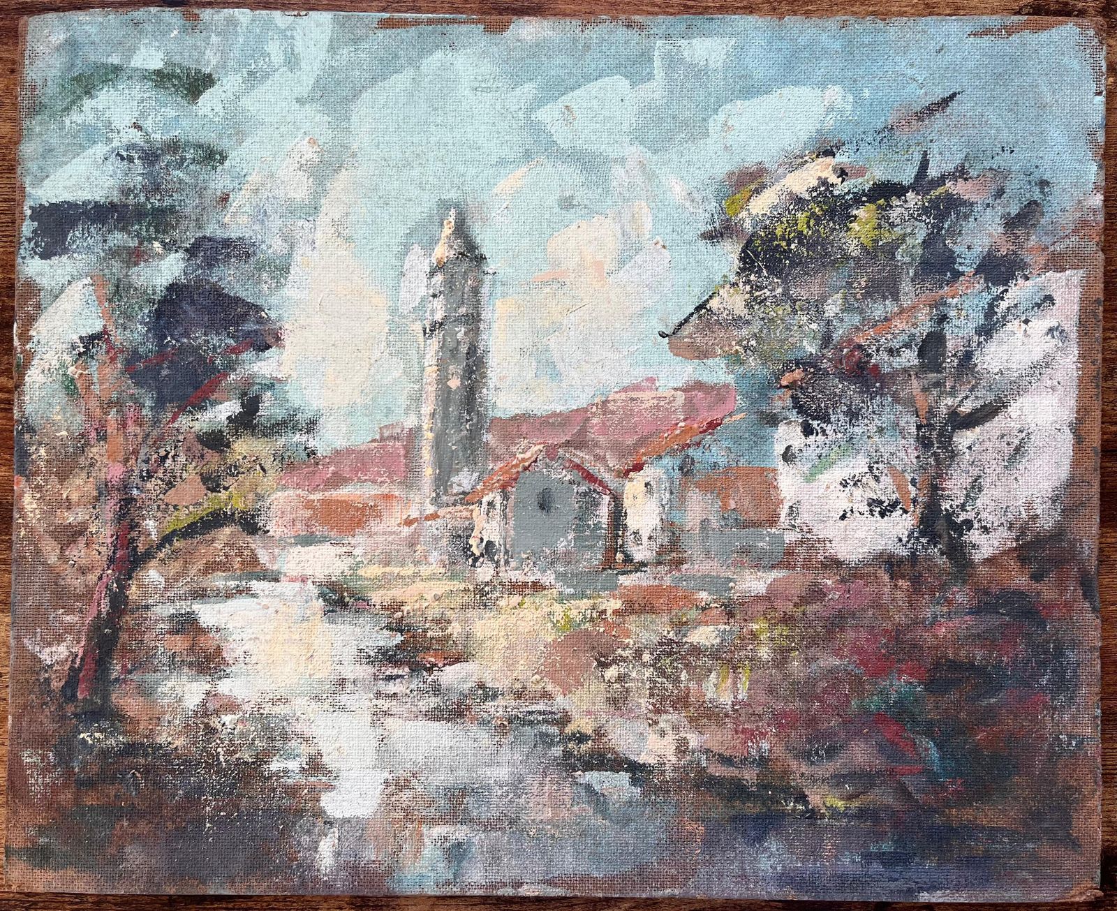 Fanch Lelfrench Village Church Oil Painting With Bell Tower River And Autumn Woodland photo furniture