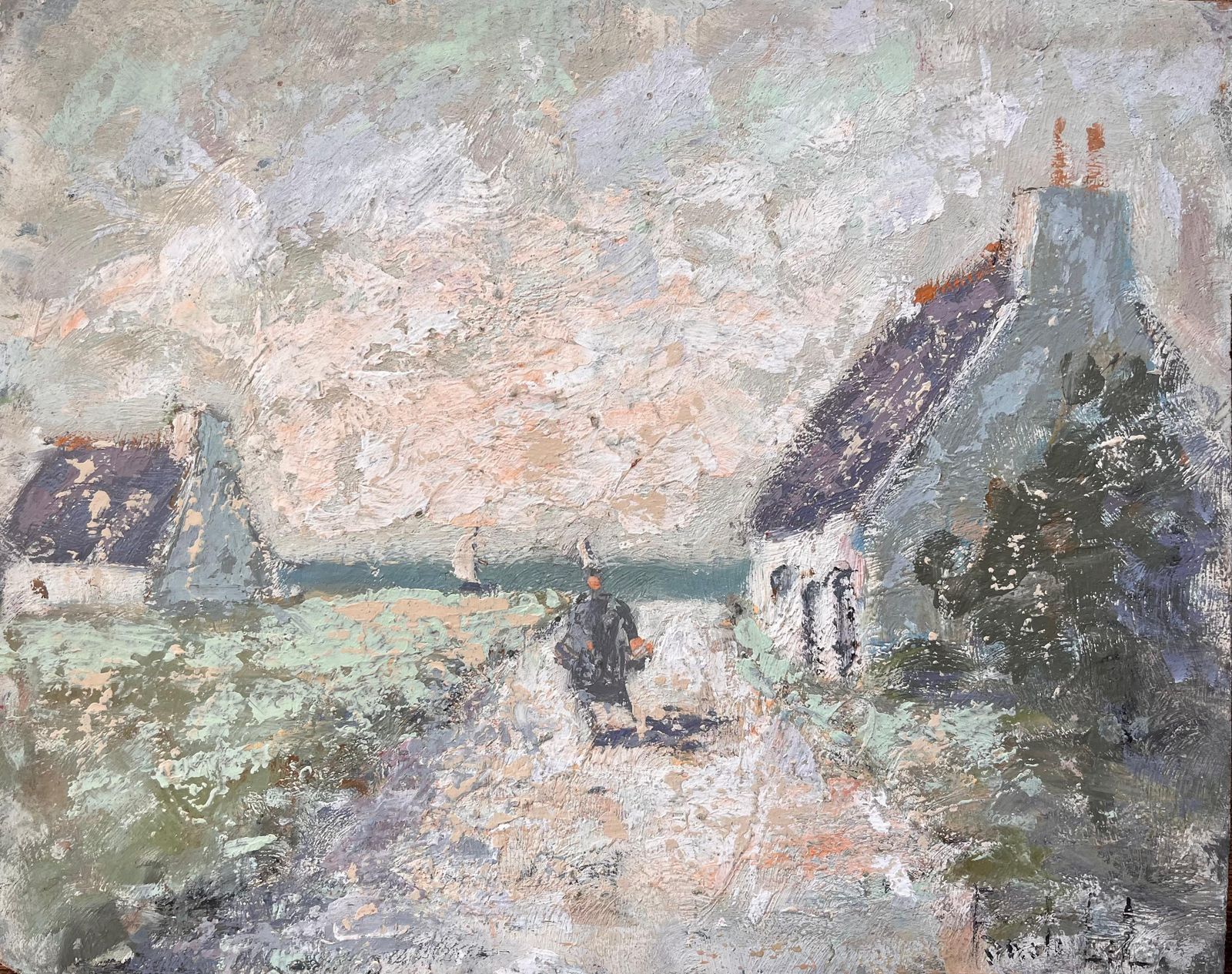 Fanch Lelfrench Coastal Village Oil Painting Of Thatched Cottages And Figure Walking