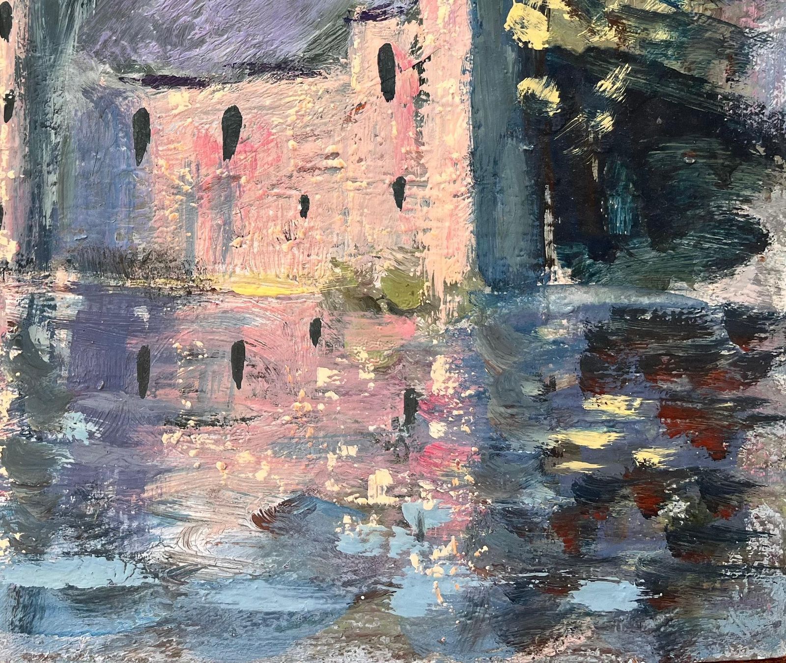 Fanch Lelfrench Château Landscape Oil Painting With Reflection In Lake And Turreted Tower photo vinterior