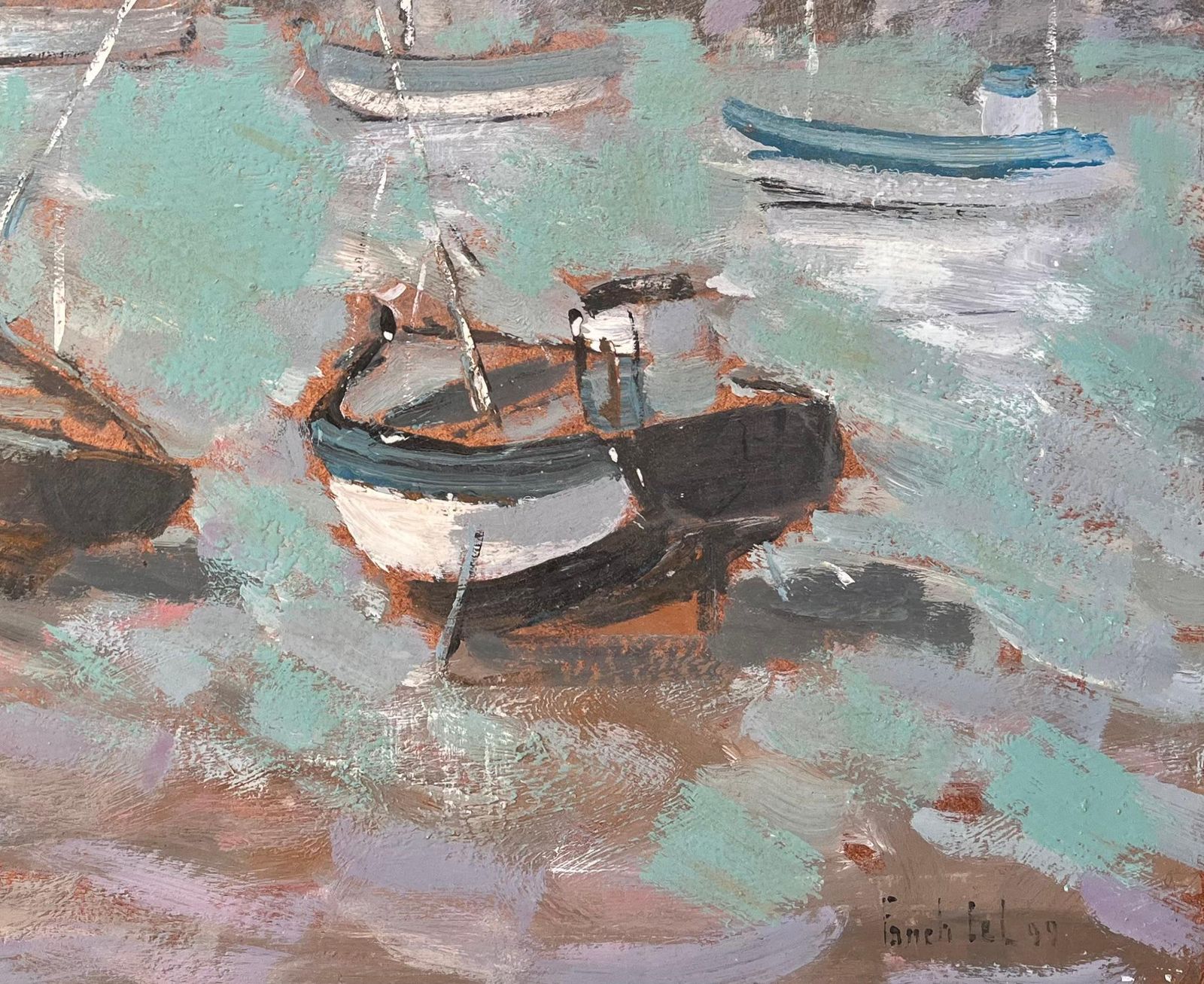 Fanch Lelimpressionist Boats In Seaside Harbour With Gulls And Misty Coastal Village1999 photo for sale