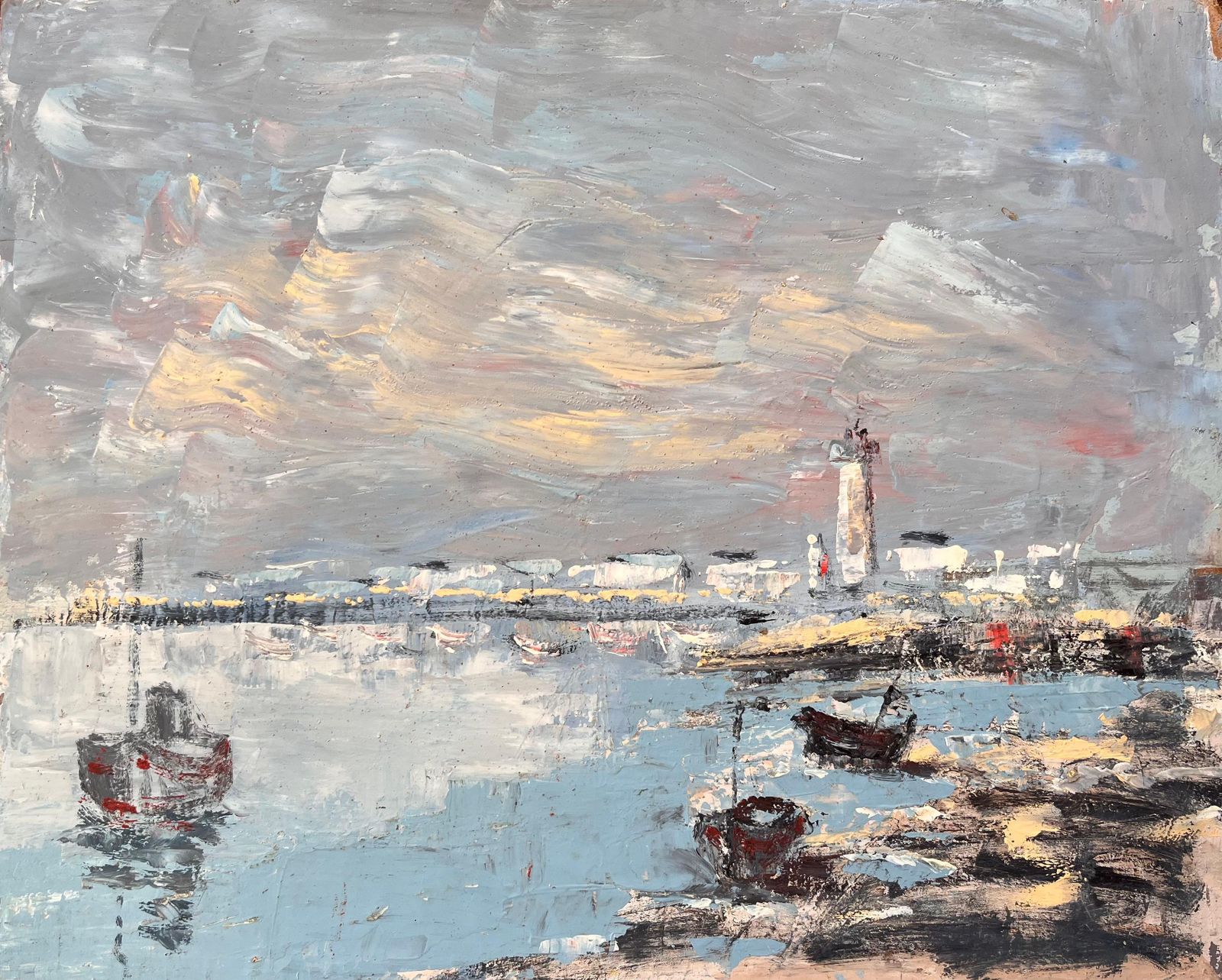 Fanch Lelfrench Harbour Oil Painting Of Boats Lighthouse And Rocky Shoreline At Low Tide1986